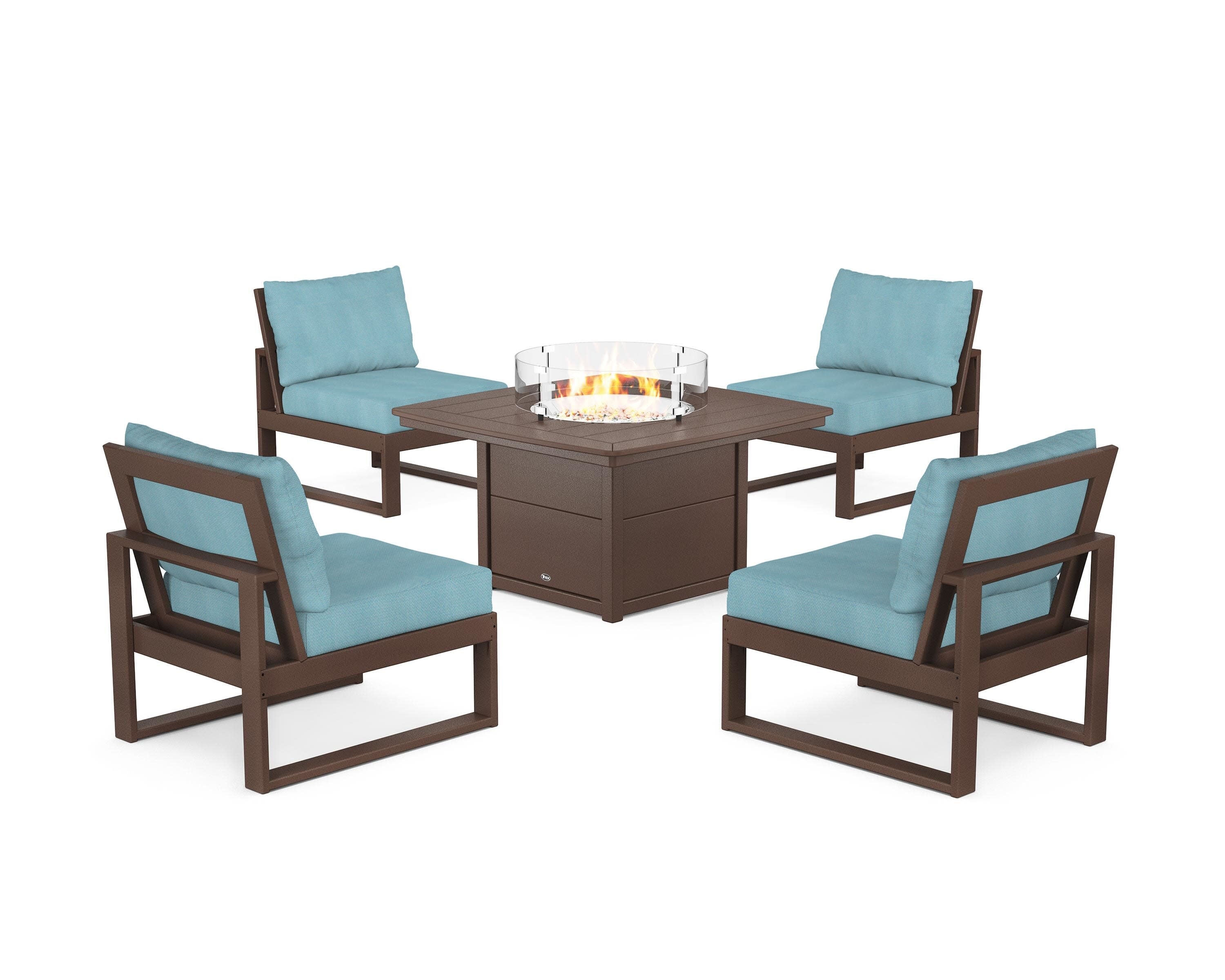 Eastport Modular 5-Piece Deep Seating Set with Yacht Club Fire Pit Table in Vintage Lantern / Lattice Sky Blue