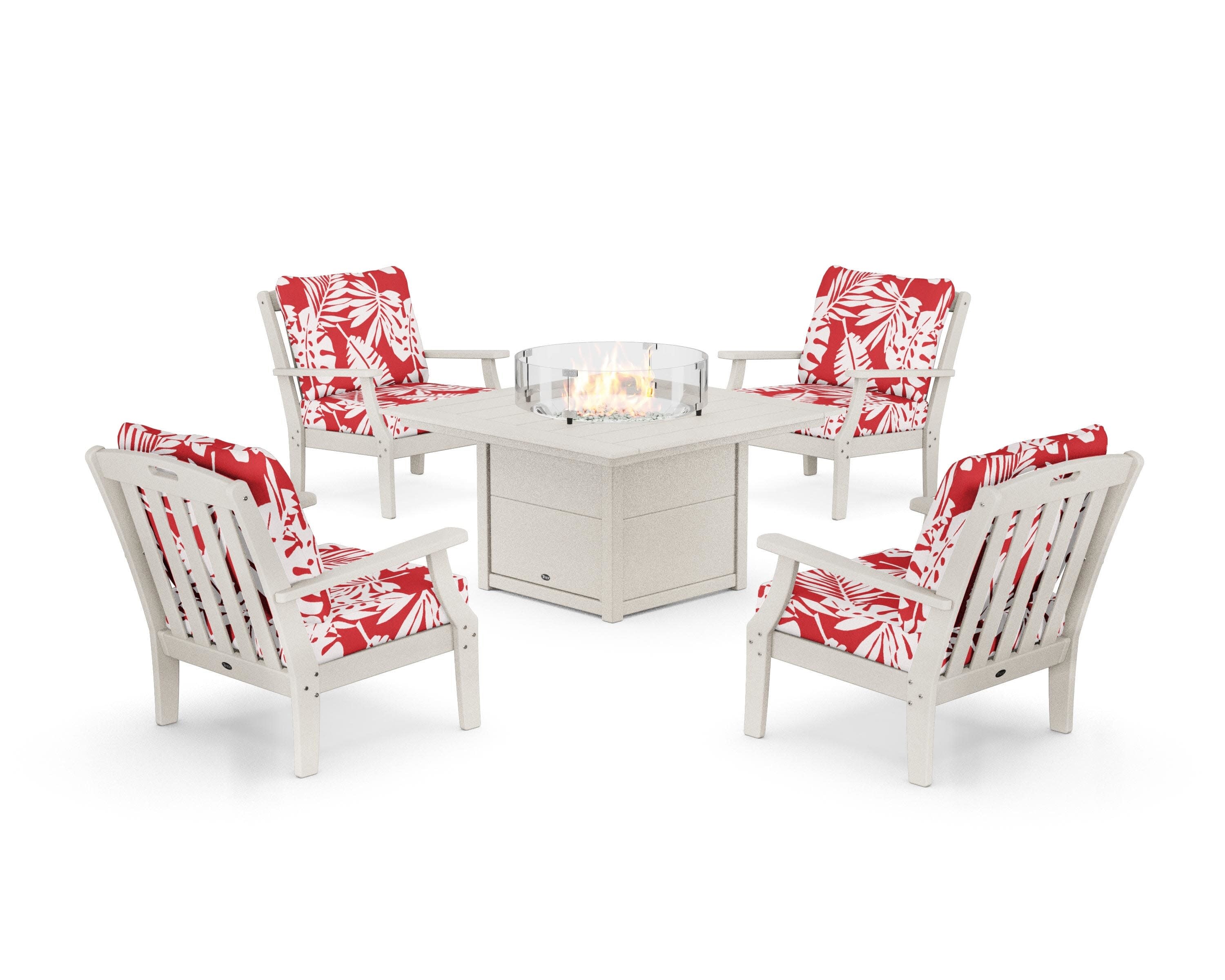 Yacht Club 5-Piece Deep Seating Set with Square Fire Pit Table in Sand Castle / Leaf Crimson