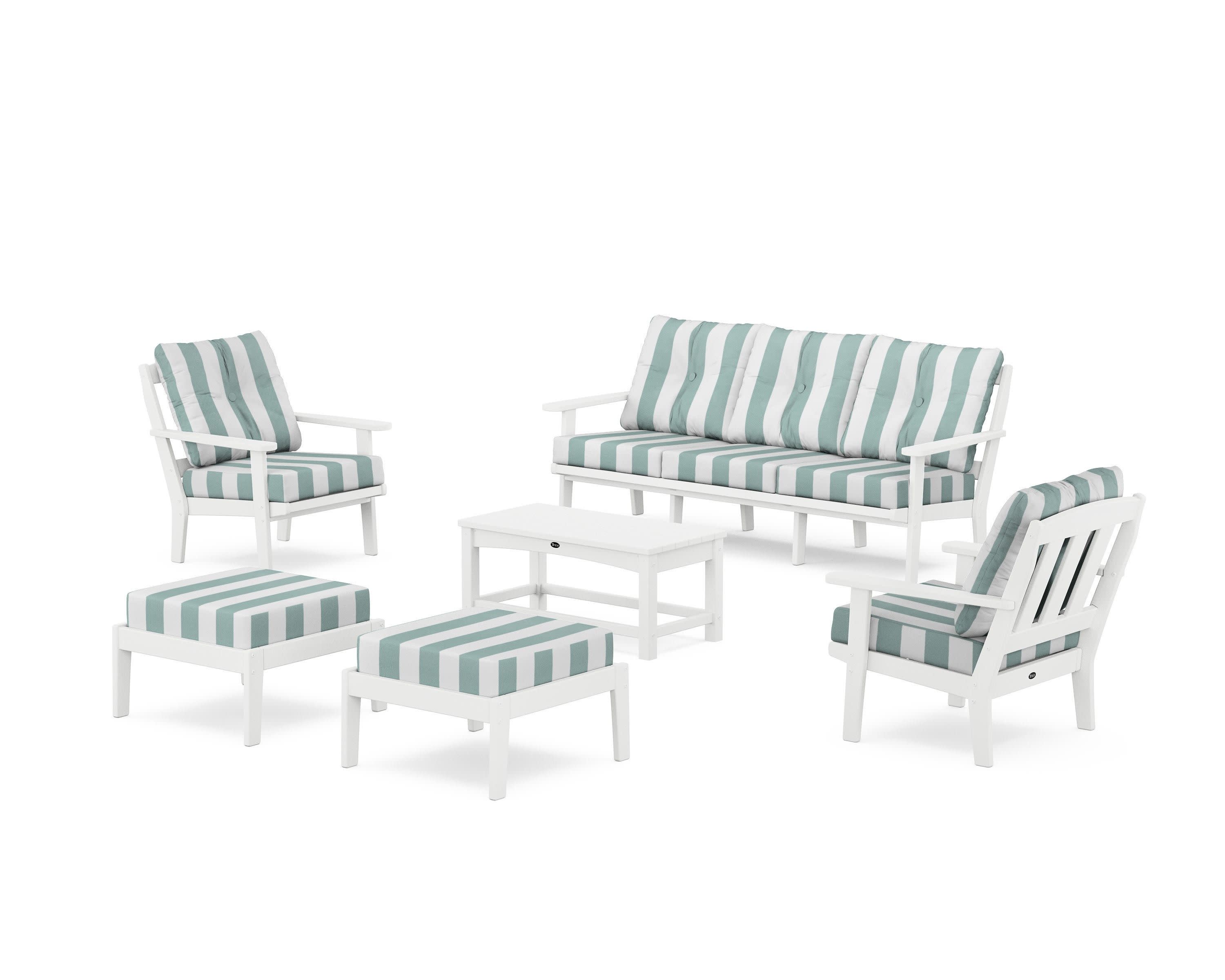 Cape Cod 6-Piece Lounge Sofa Set in Classic White / Cabana Stripe Glacier Spa