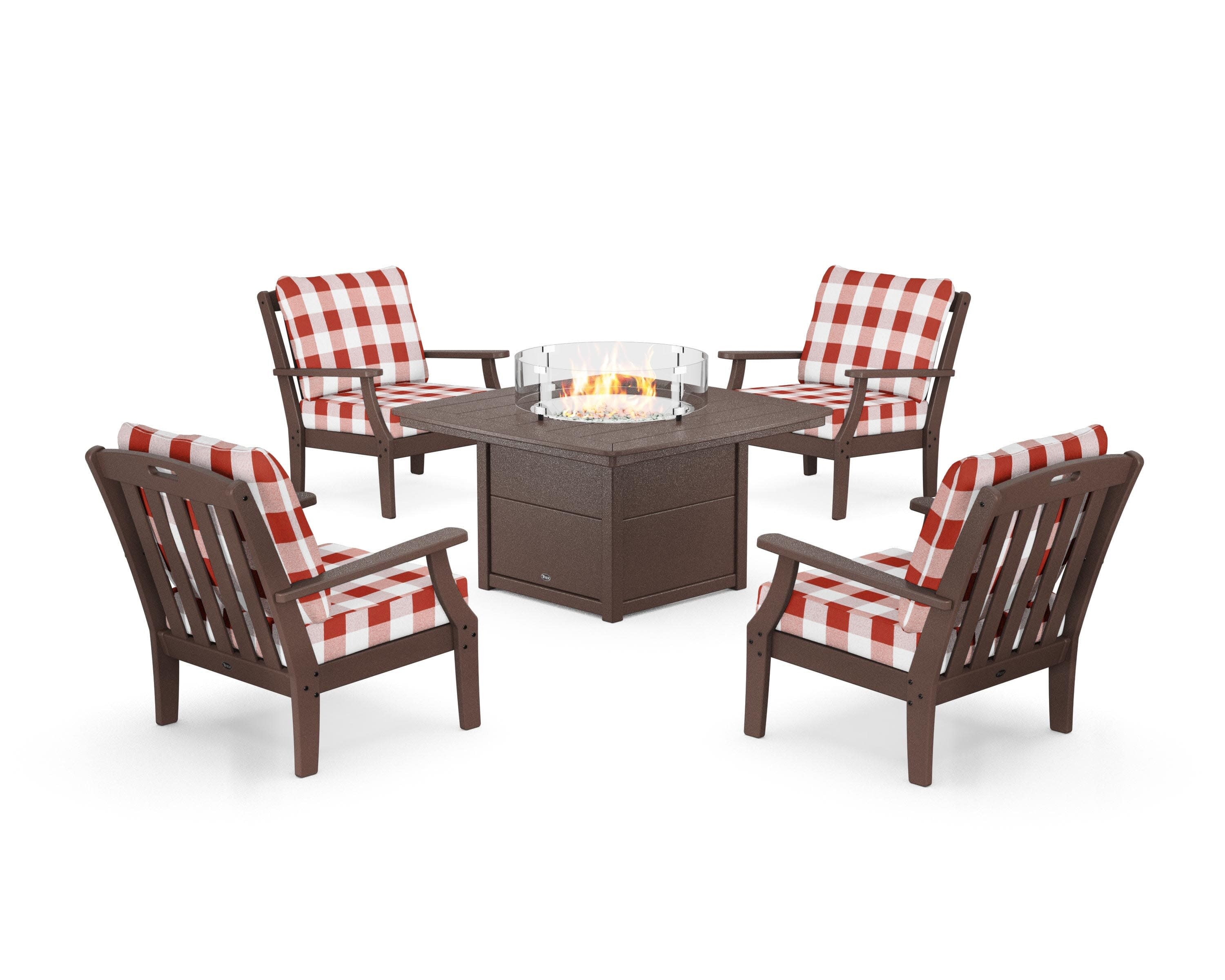 Yacht Club 5-Piece Deep Seating Set with Fire Pit Table in Vintage Lantern / Buffalo Plaid Crimson