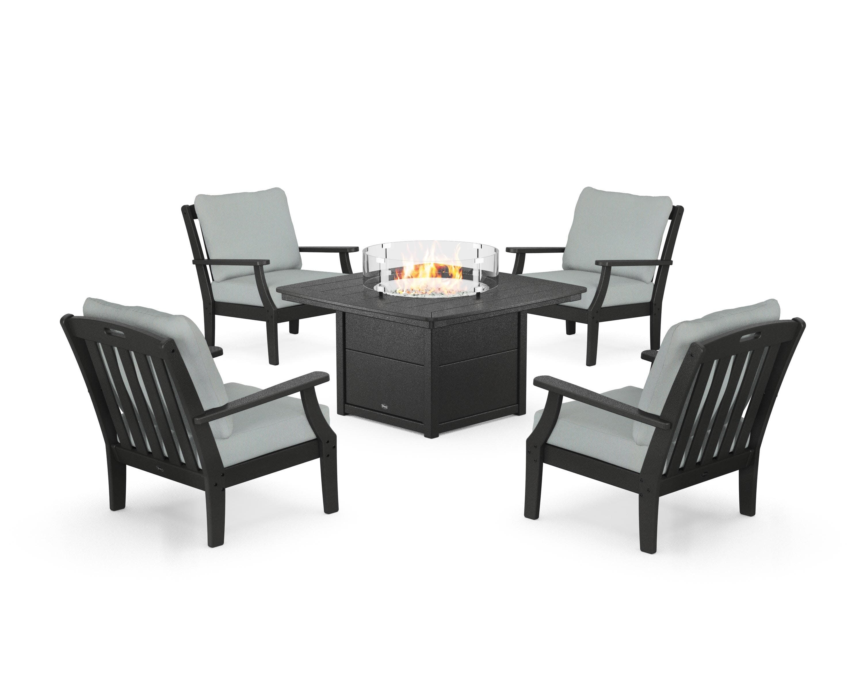 Yacht Club 5-Piece Deep Seating Set with Fire Pit Table in Charcoal Black / Spa