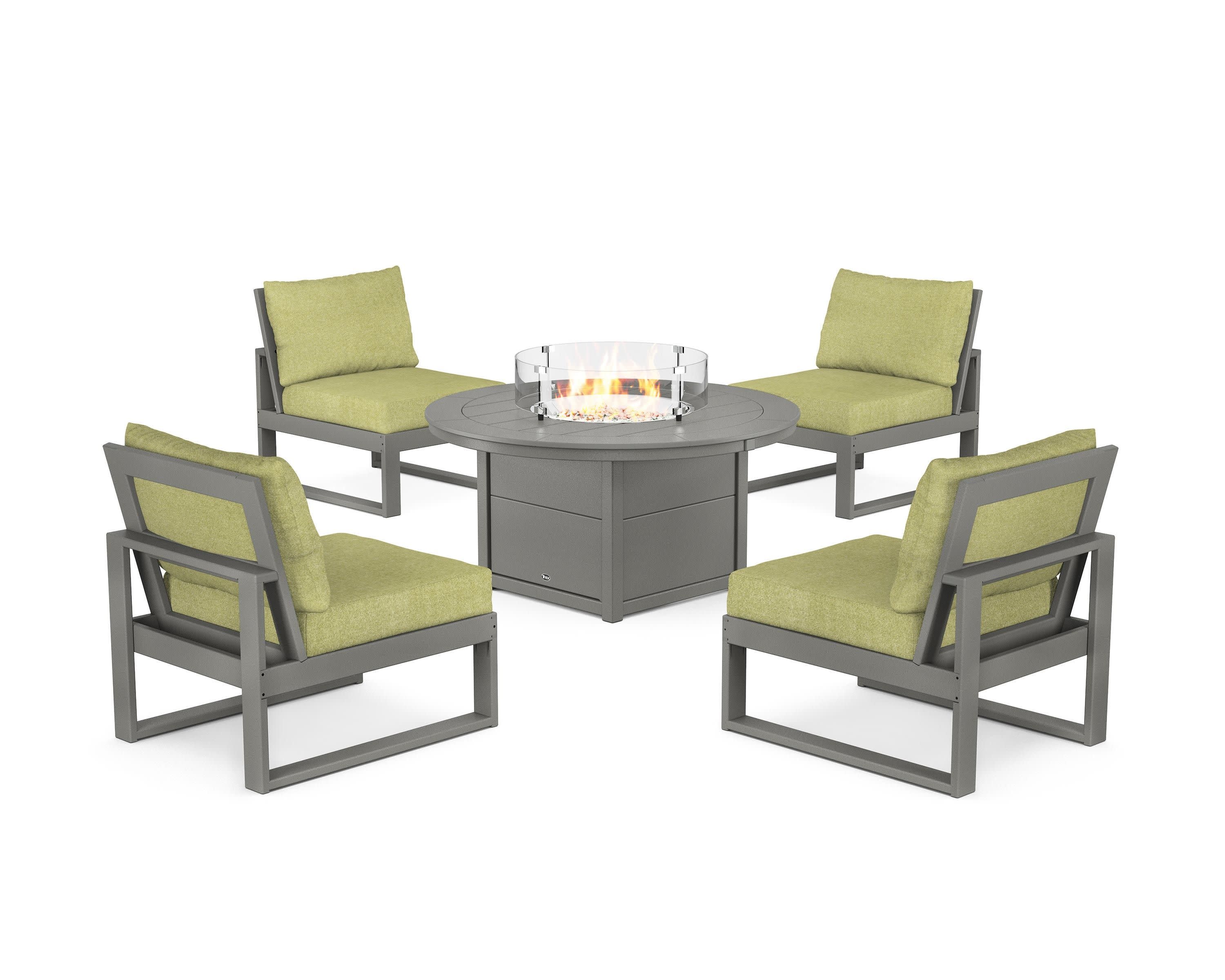 Eastport Modular 5-Piece Deep Seating Set with Round Fire Pit Table in Stepping Stone / Chartreuse Boucle