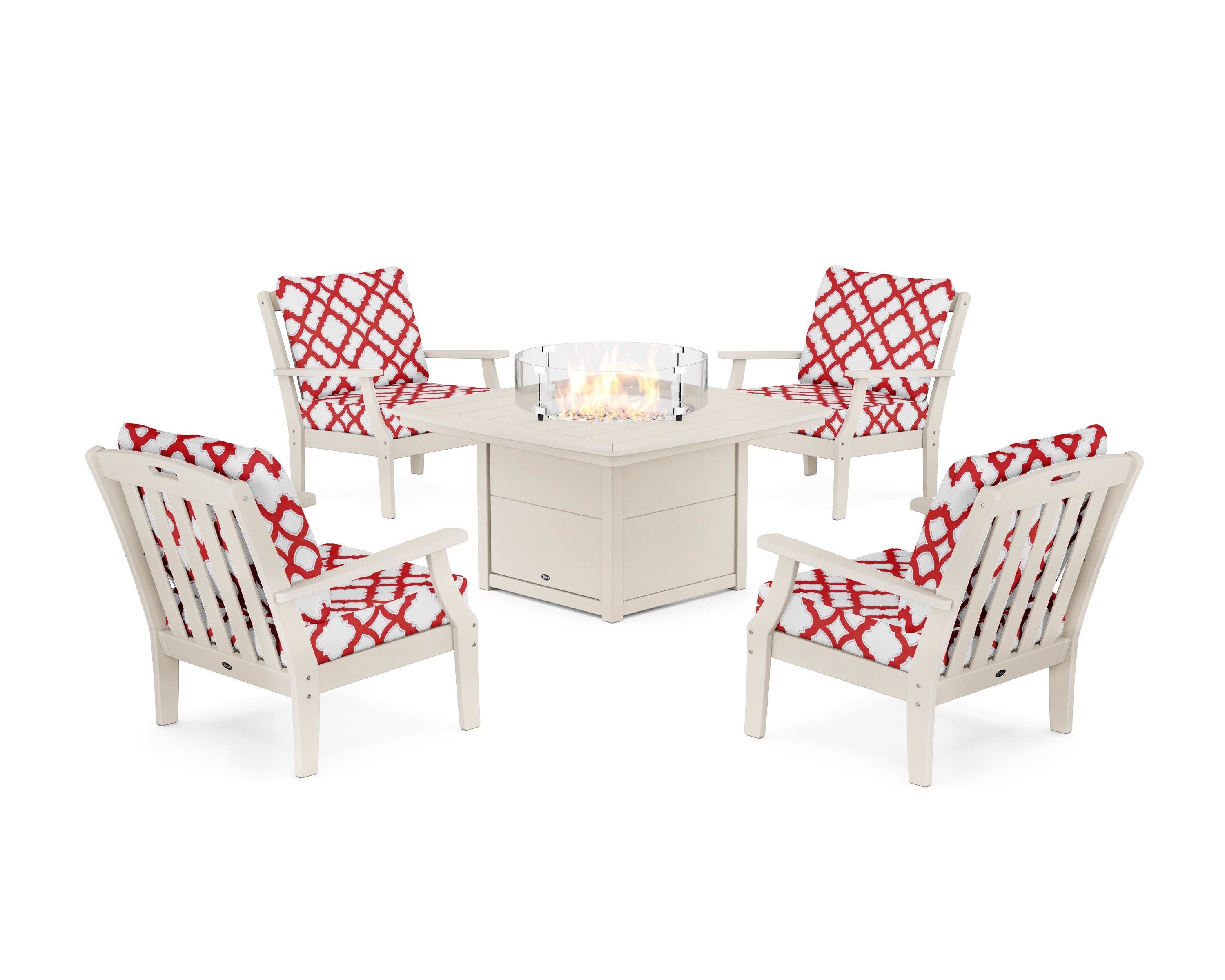 Yacht Club 5-Piece Deep Seating Set with Fire Pit Table in Sand Castle / Trellis Crimson