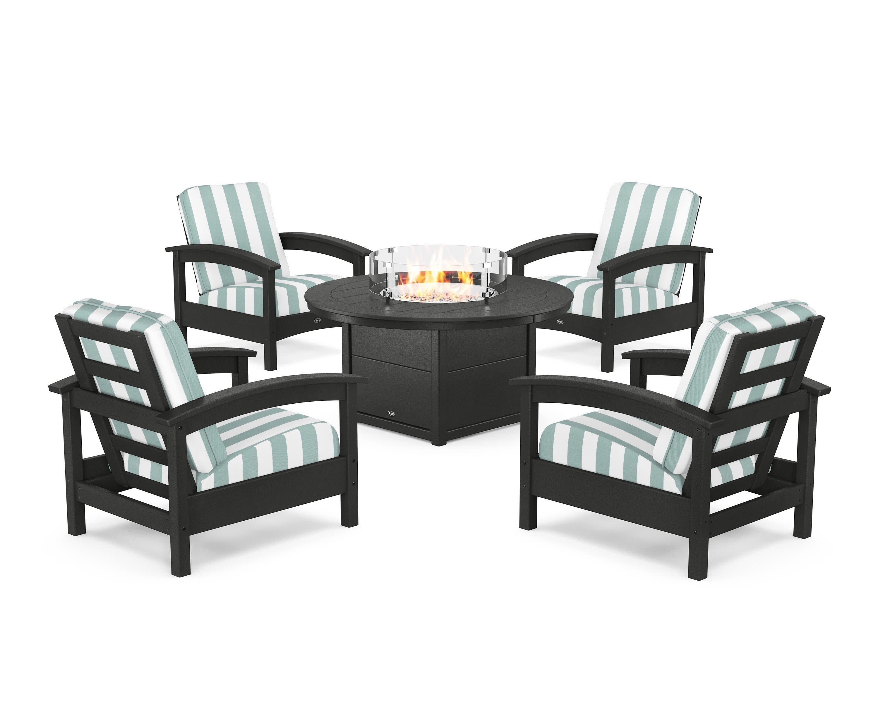 Rockport 5-Piece Deep Seating Set with Round Fire Pit Table in Charcoal Black / Cabana Stripe Glacier Spa