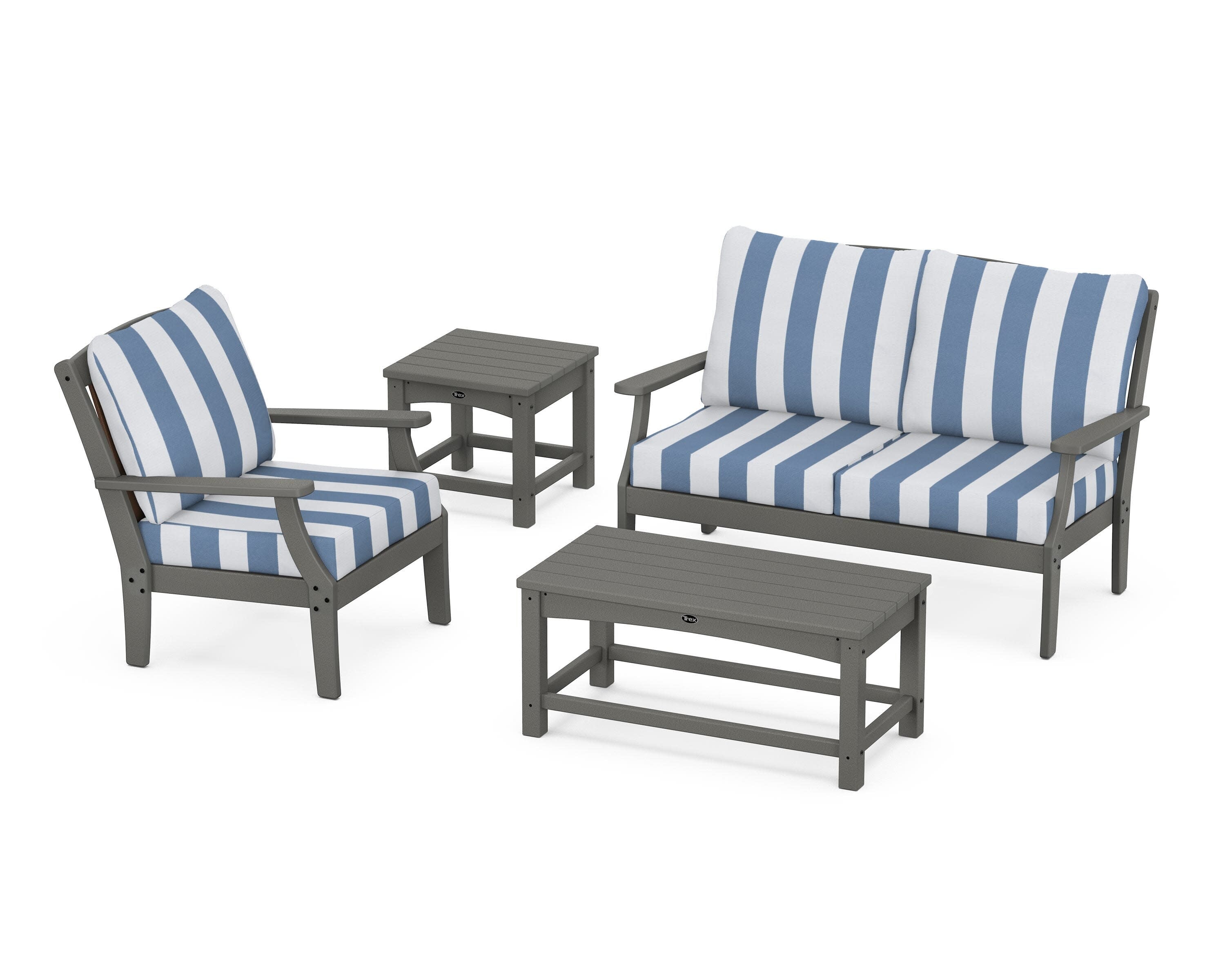 Yacht Club 4-Piece Deep Seating Set in Stepping Stone / Cabana Stripe Sky Blue