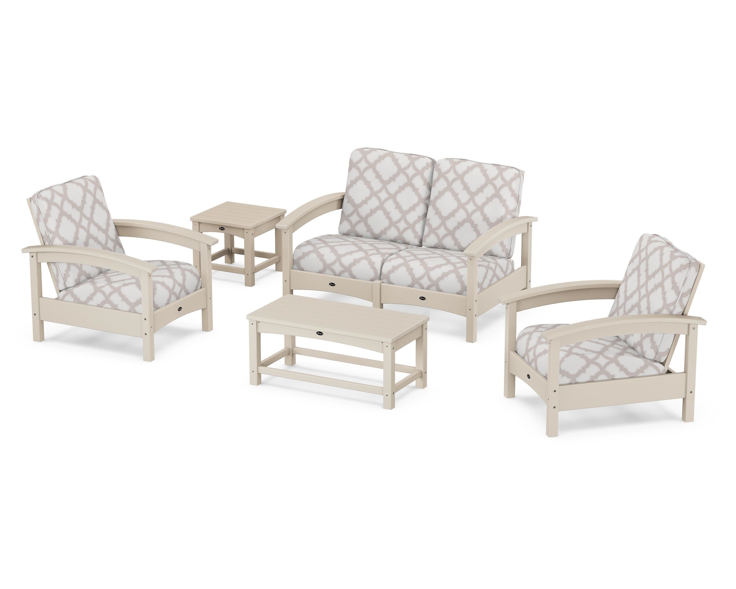 Rockport Club 6-Piece Deep Seating Conversation Set in Sand Castle / Trellis Dune Burlap