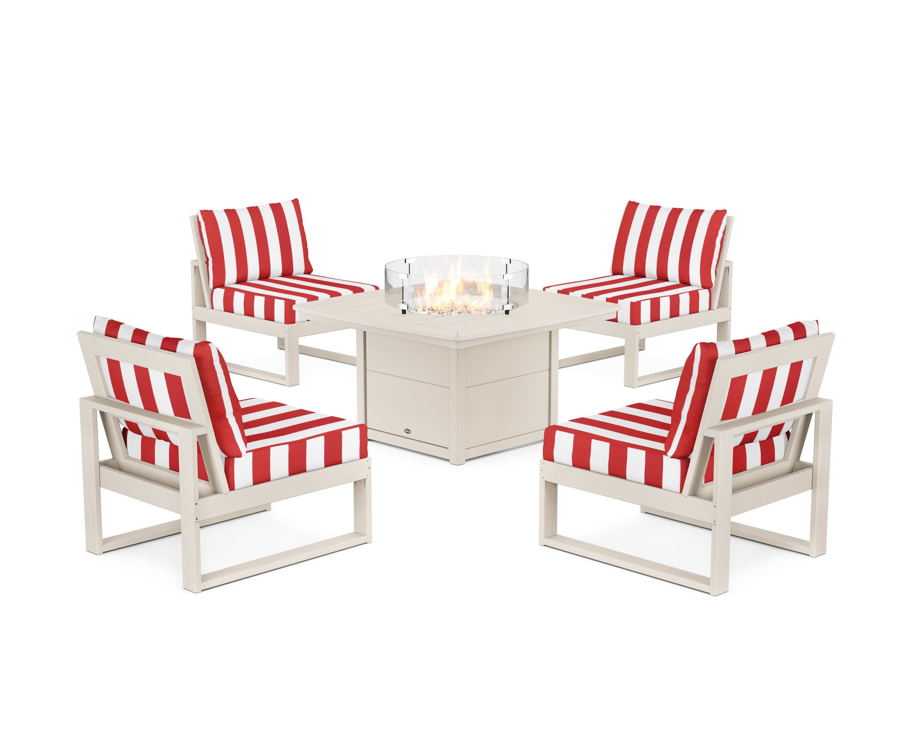 Eastport Modular 5-Piece Deep Seating Set with Yacht Club Fire Pit Table in Sand Castle / Cabana Stripe Crimson