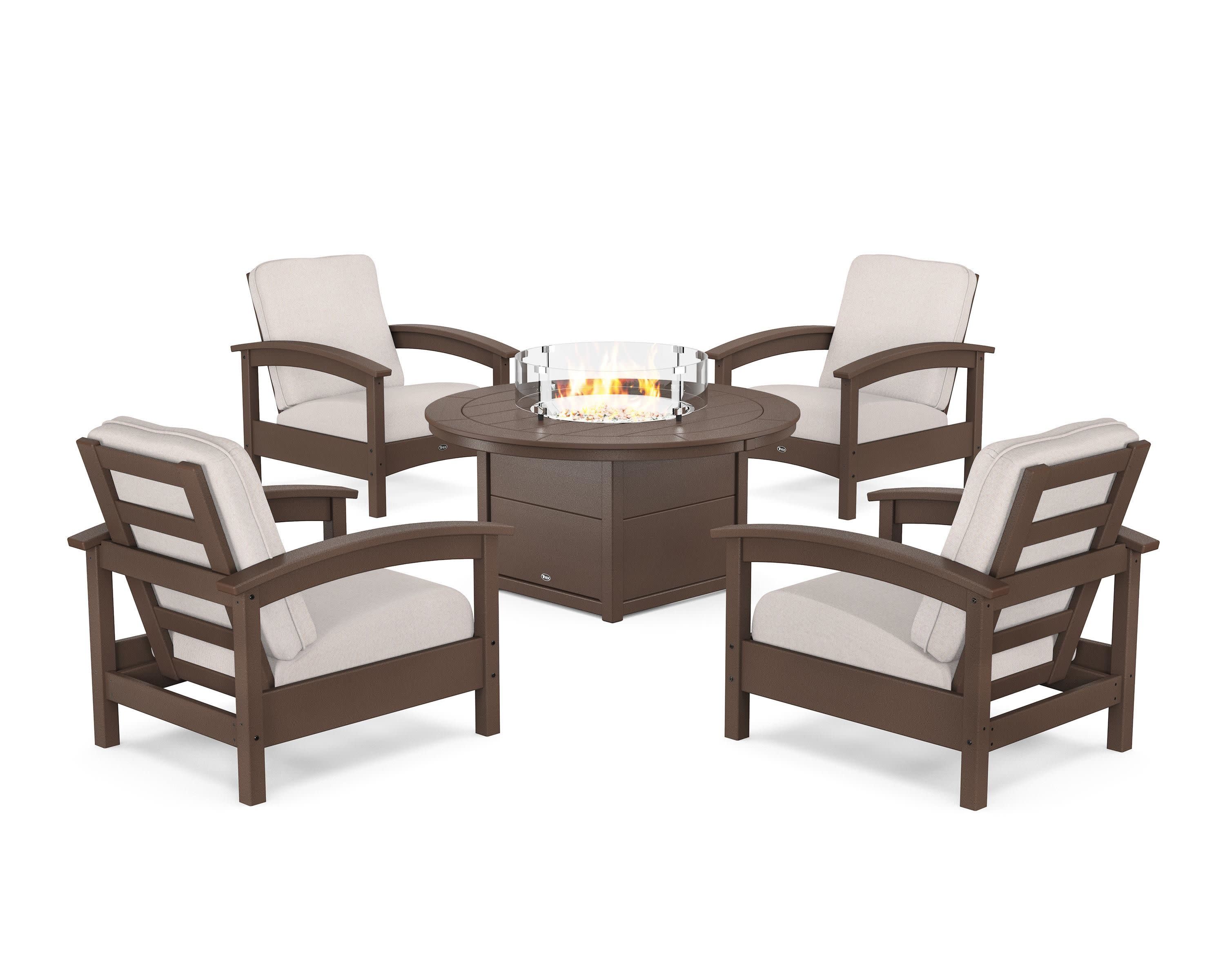 Rockport 5-Piece Deep Seating Set with Round Fire Pit Table in Vintage Lantern / Dune Burlap
