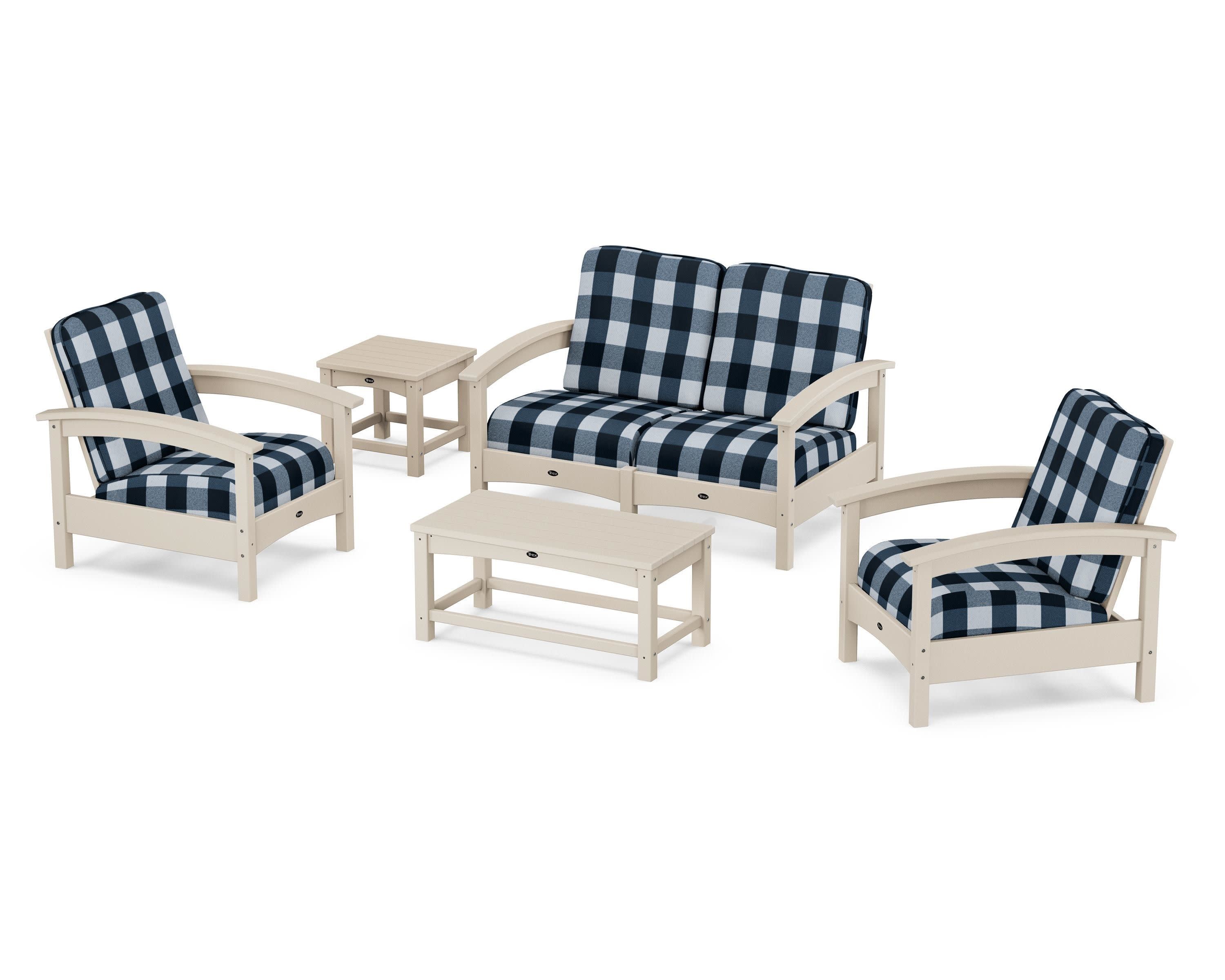 Rockport Club 6-Piece Deep Seating Conversation Set in Sand Castle / Buffalo Plaid Marine Indigo