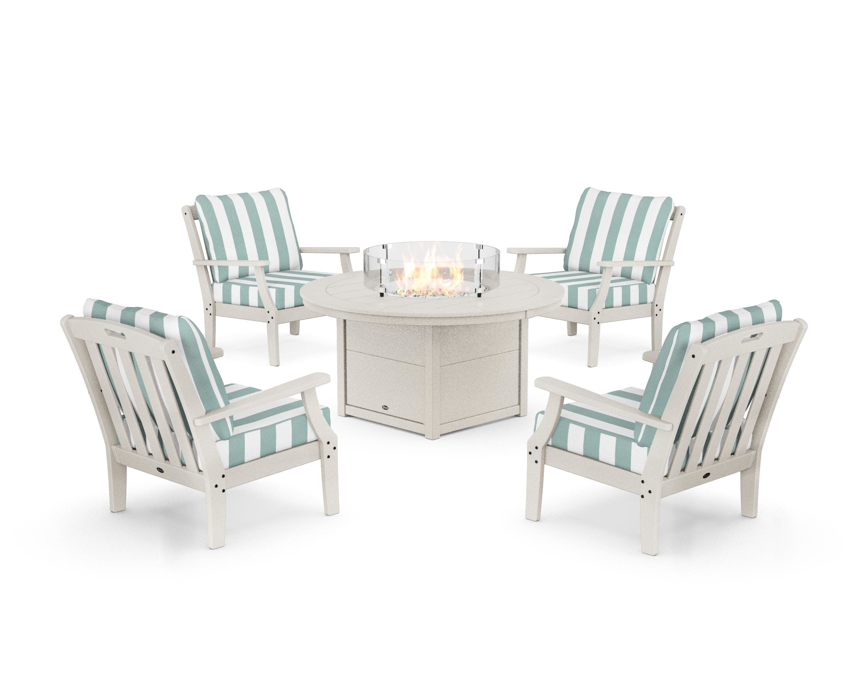 Yacht Club 5-Piece Deep Seating Set with Round Fire Pit Table in Sand Castle / Cabana Stripe Glacier Spa