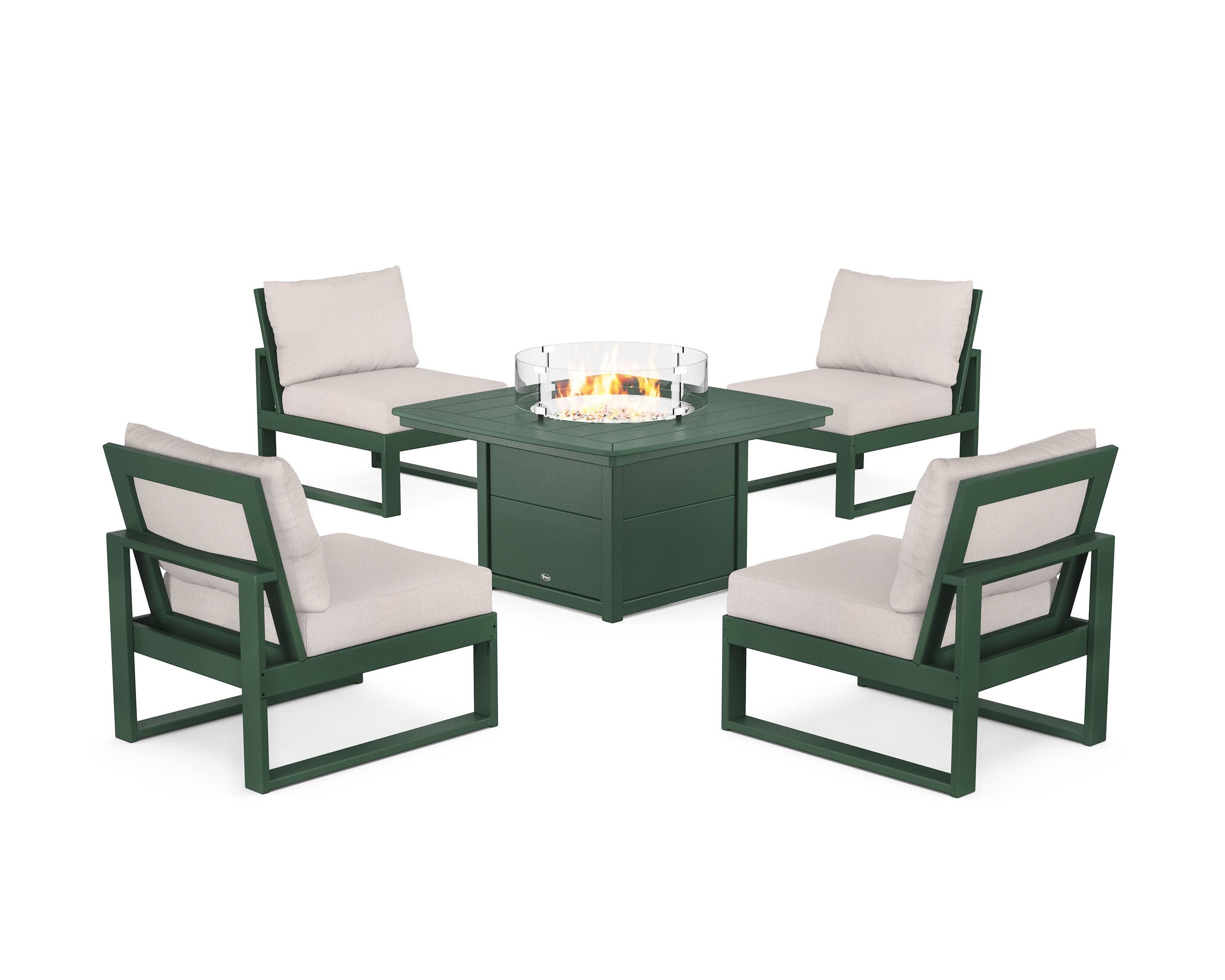 Eastport Modular 5-Piece Deep Seating Set with Yacht Club Fire Pit Table in Rainforest Canopy / Dune Burlap