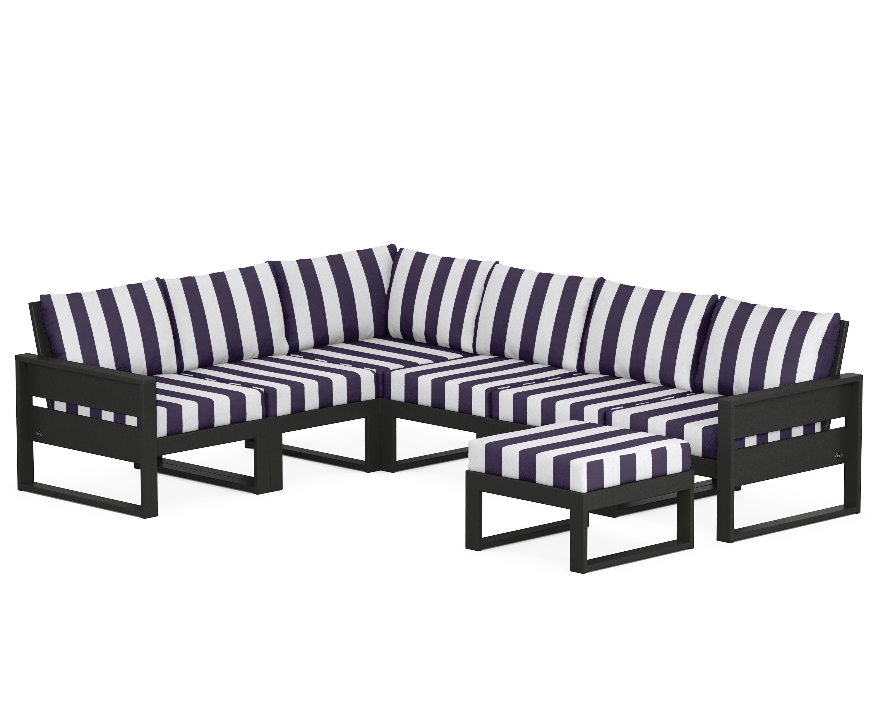 Eastport 6-Piece Sectional with Ottoman in Charcoal Black / Cabana Stripe Navy