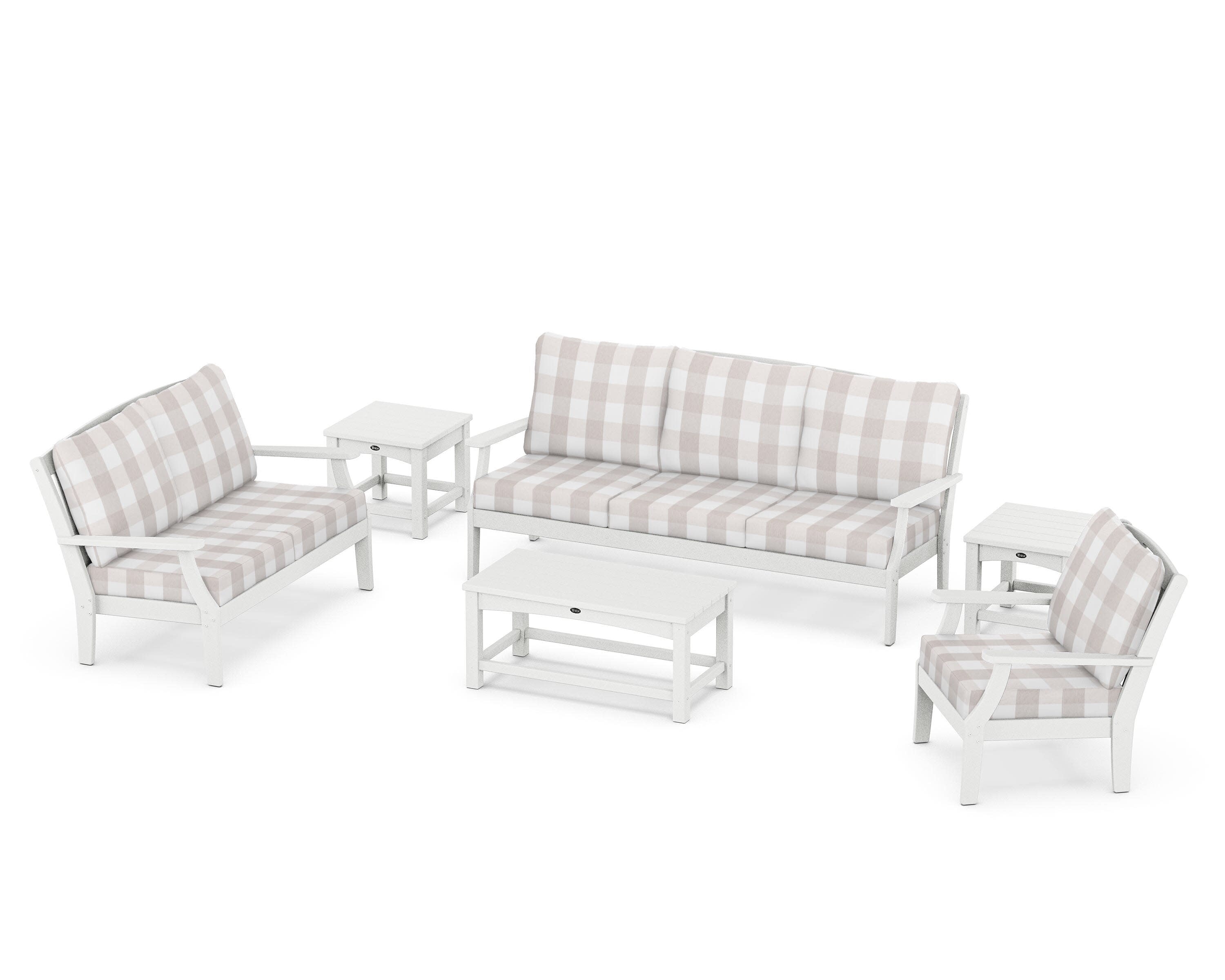 Yacht Club 6-Piece Deep Seating Set in Classic White / Buffalo Plaid Dune Burlap