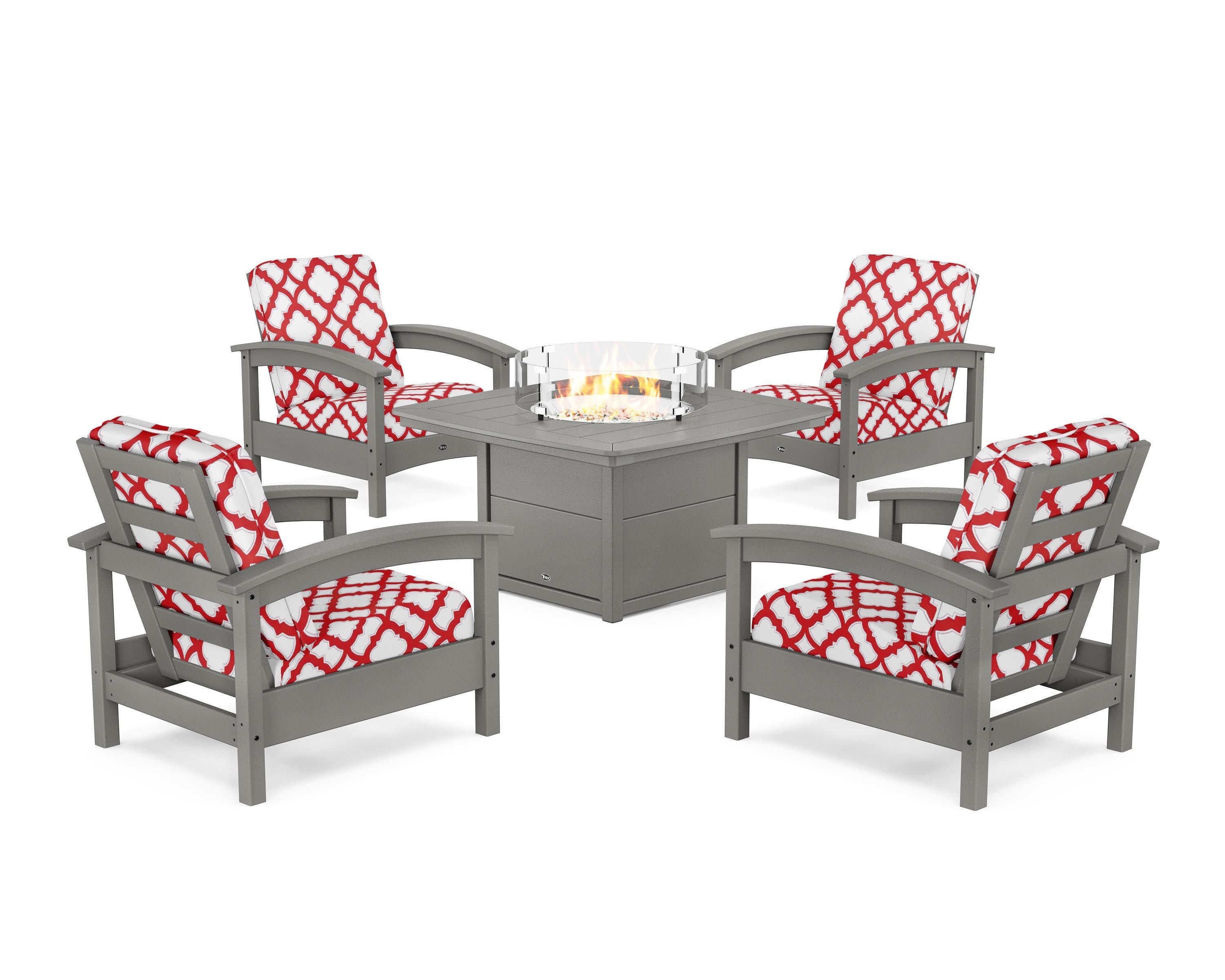 Rockport 5-Piece Deep Seating Set with Yacht Club Fire Pit Table in Stepping Stone / Trellis Crimson
