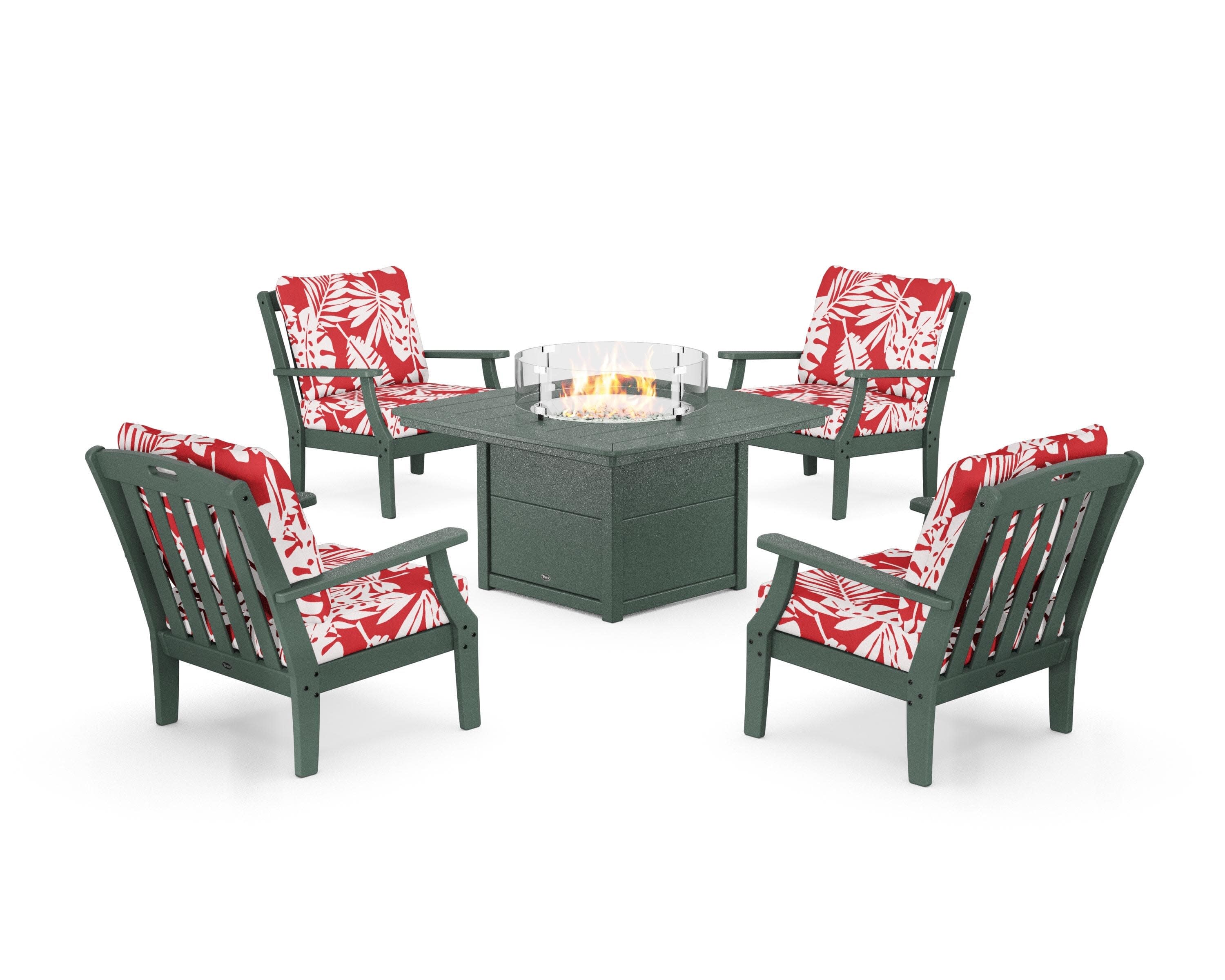 Yacht Club 5-Piece Deep Seating Set with Fire Pit Table in Rainforest Canopy / Leaf Crimson
