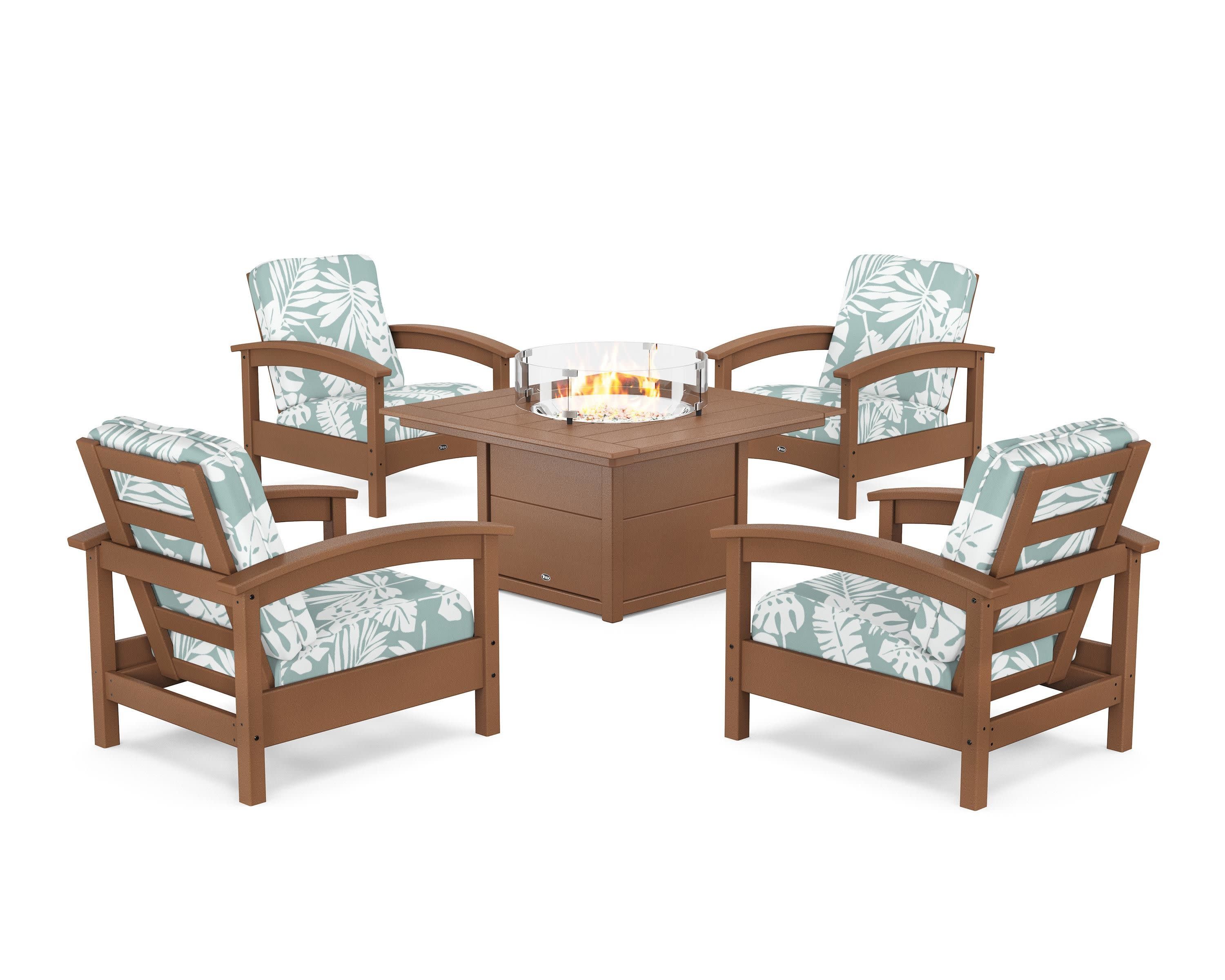 Rockport 5-Piece Deep Seating Set with Square Fire Pit Table in Tree House / Leaf Glacier Spa