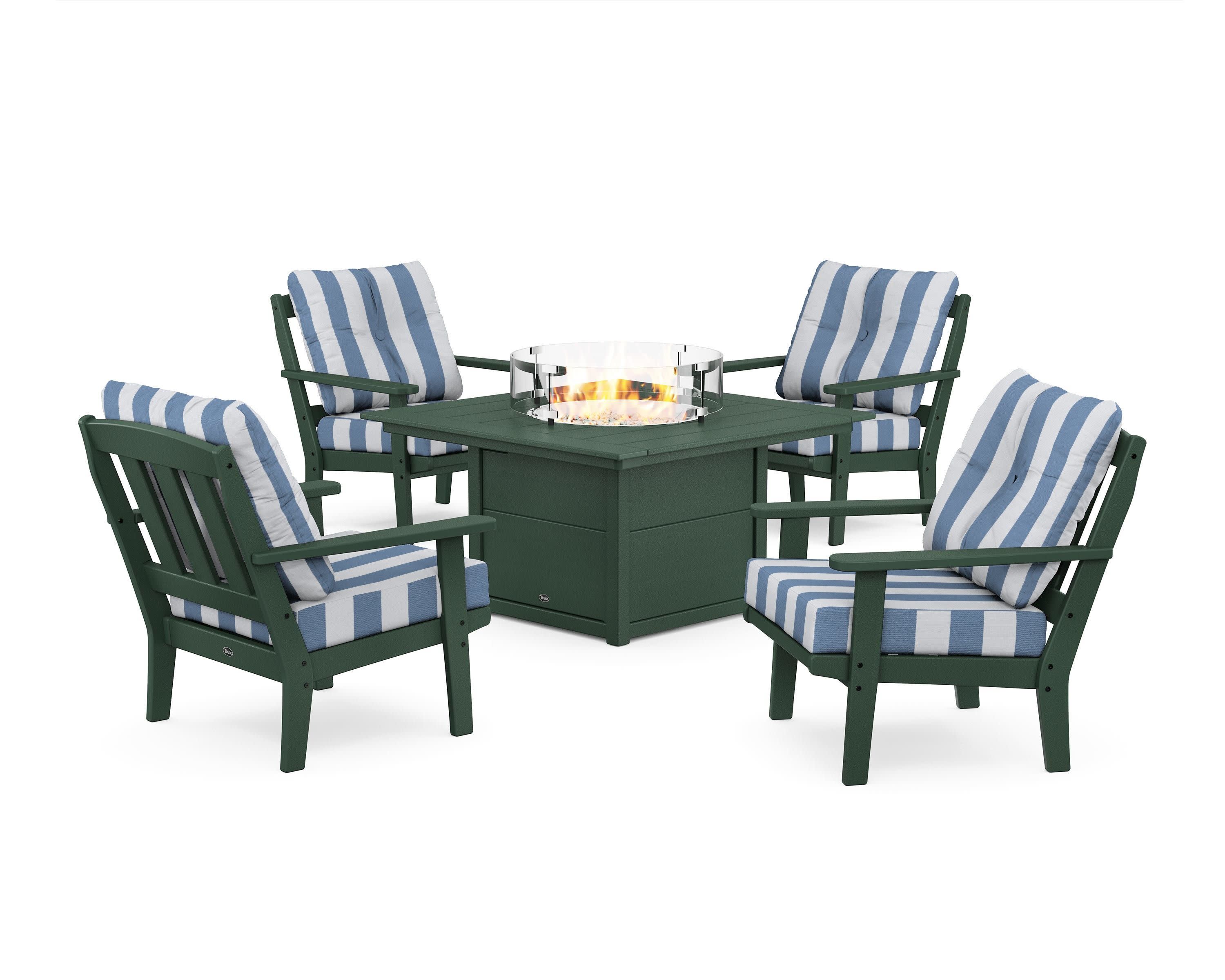 Cape Cod 5-Piece Deep Seating Set with Fire Pit Table in Rainforest Canopy / Cabana Stripe Sky Blue