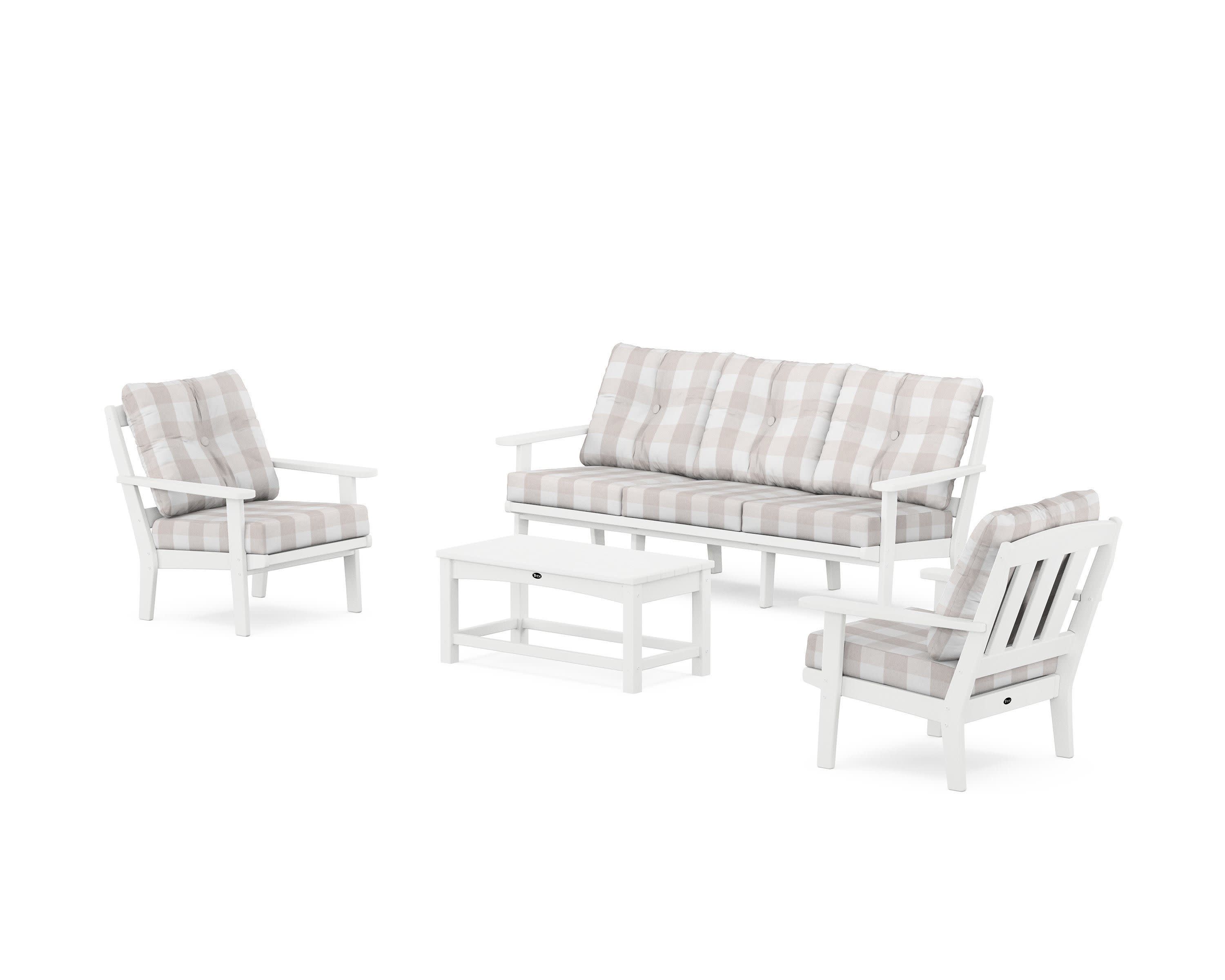 Cape Cod 4-Piece Deep Seating Set with Sofa in Classic White / Buffalo Plaid Dune Burlap