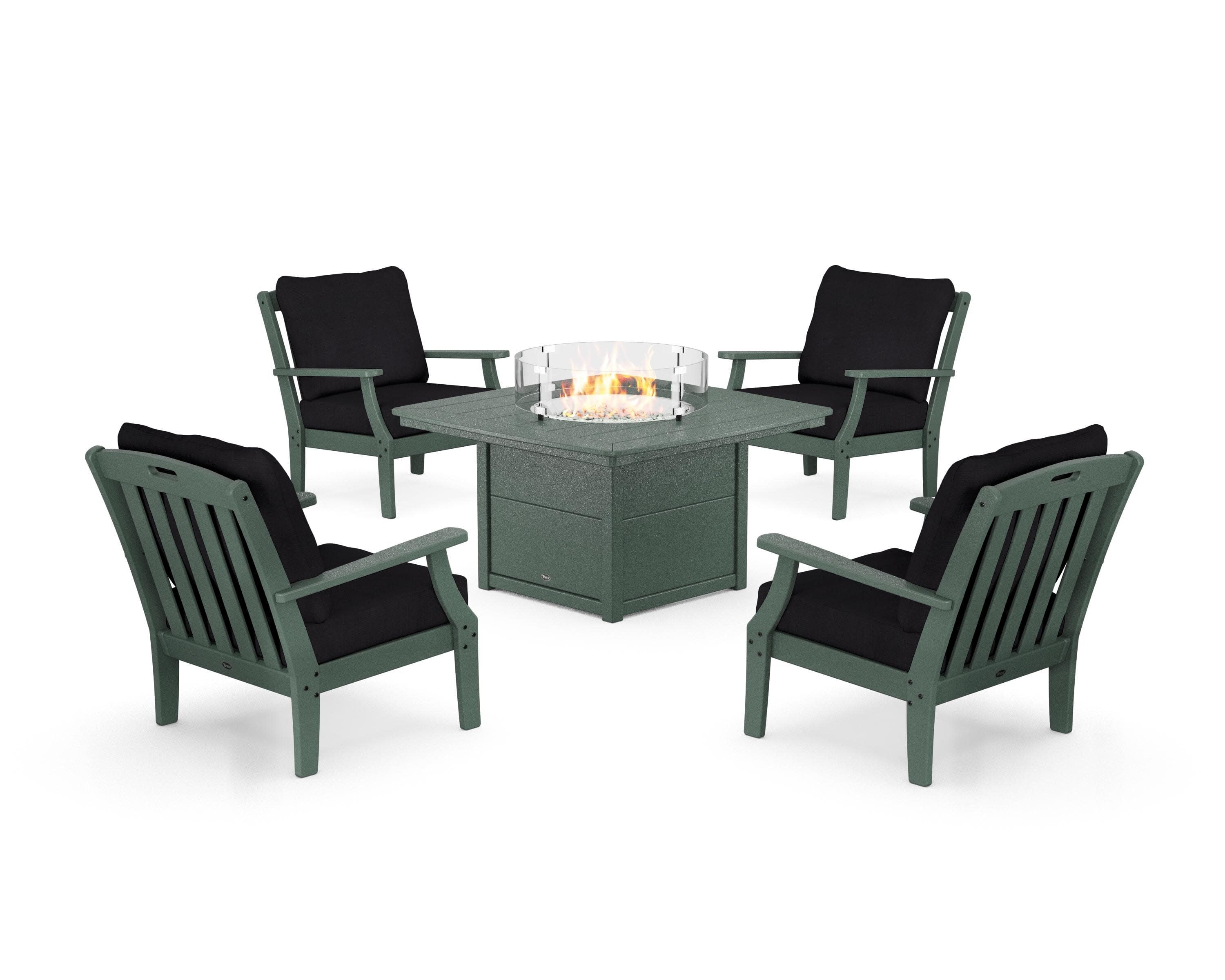 Yacht Club 5-Piece Deep Seating Set with Fire Pit Table in Rainforest Canopy / Midnight Linen