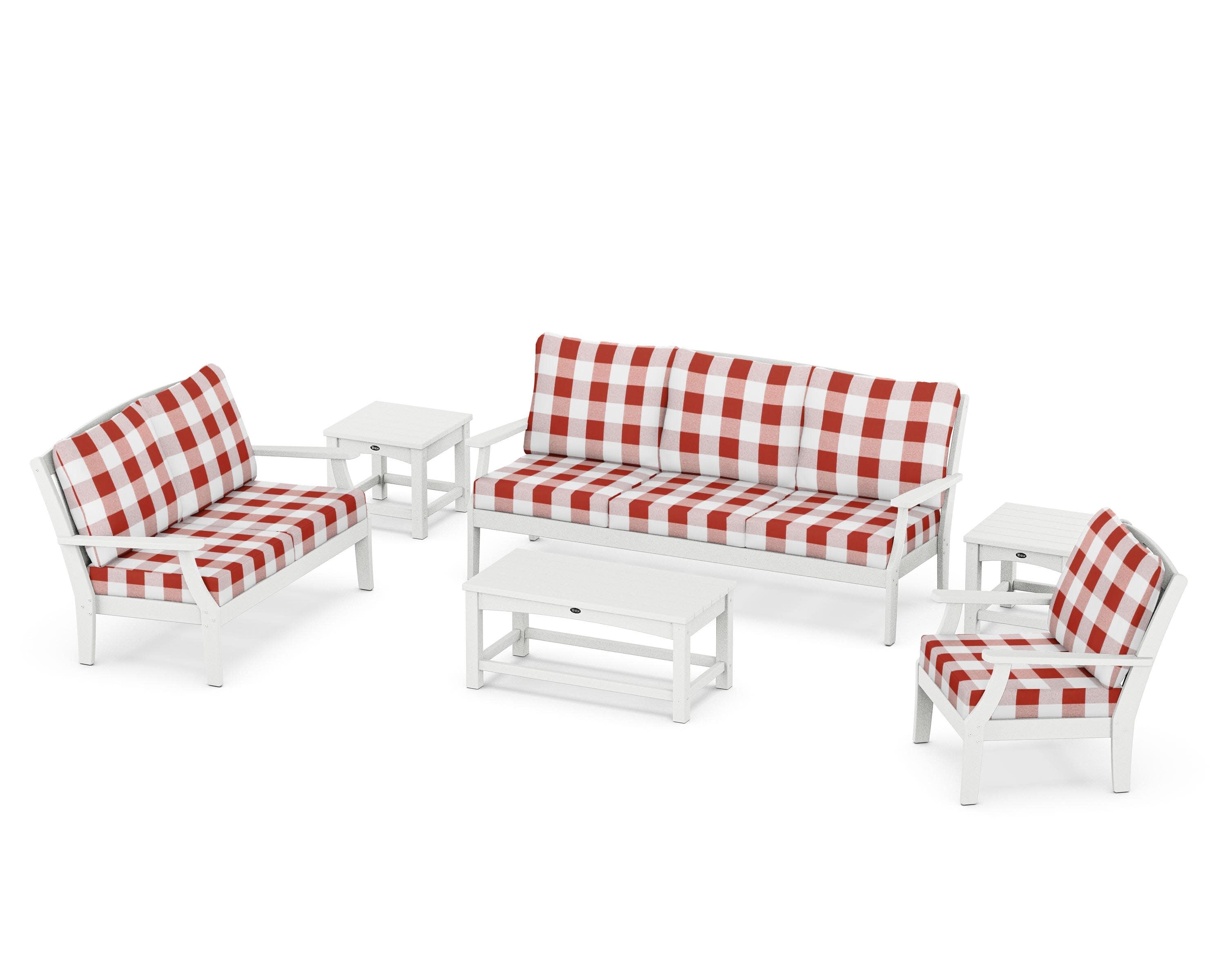 Yacht Club 6-Piece Deep Seating Set in Classic White / Buffalo Plaid Crimson