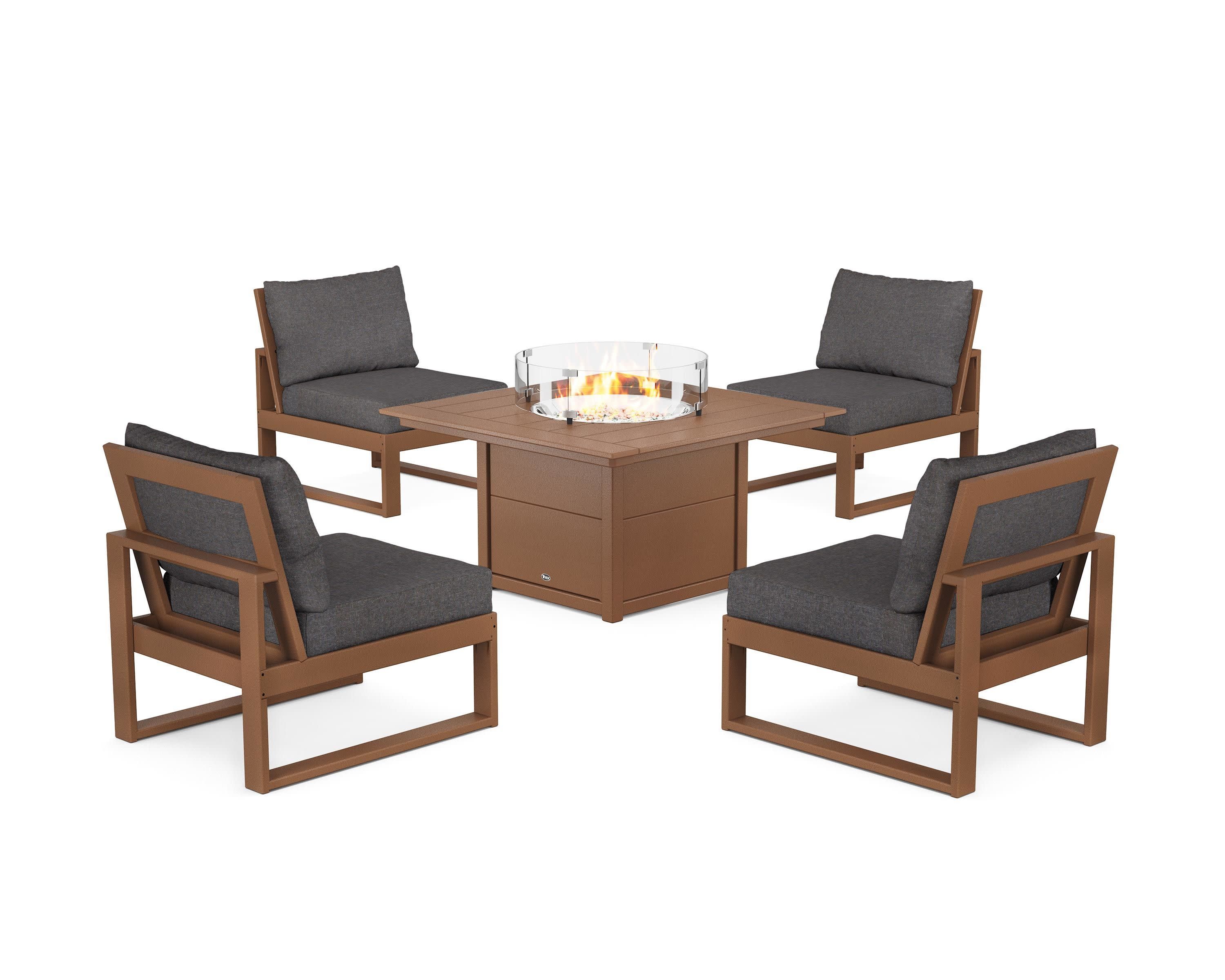 Eastport Modular 5-Piece Deep Seating Set with Square Fire Pit Table in Tree House / Ash Charcoal