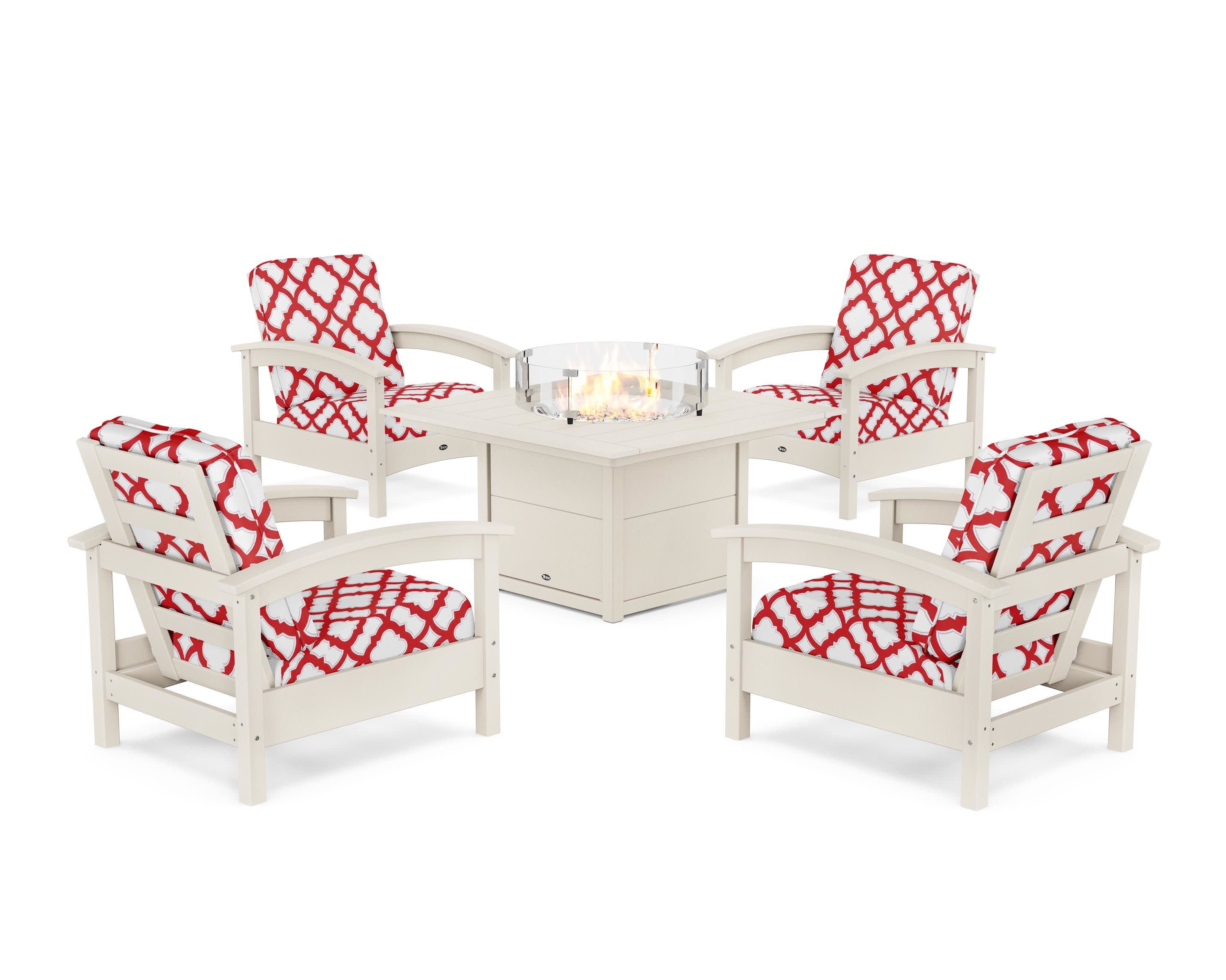 Rockport 5-Piece Deep Seating Set with Square Fire Pit Table in Sand Castle / Trellis Crimson