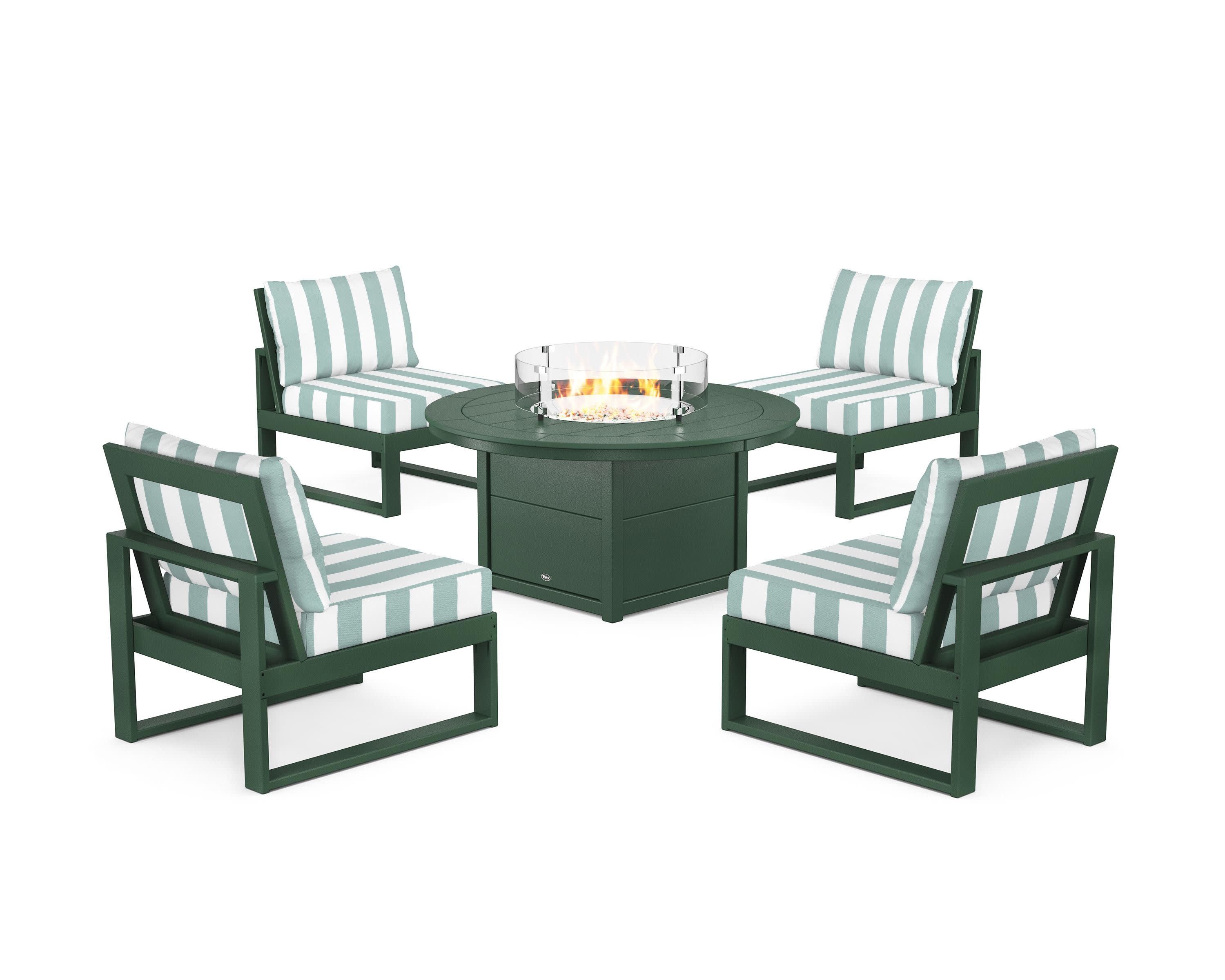 Eastport Modular 5-Piece Deep Seating Set with Round Fire Pit Table in Rainforest Canopy / Cabana Stripe Glacier Spa