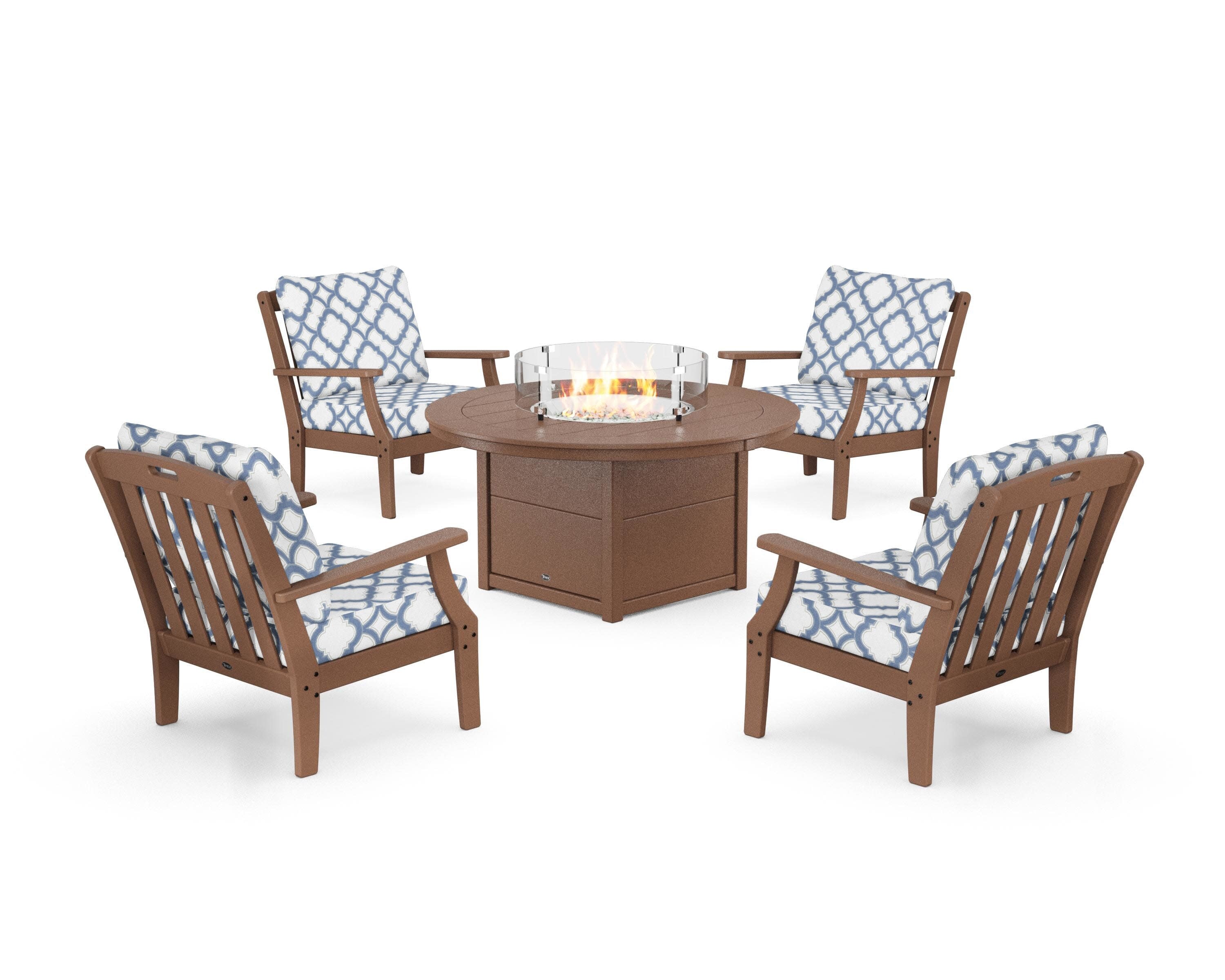Yacht Club 5-Piece Deep Seating Set with Round Fire Pit Table in Tree House / Trellis Sky Blue