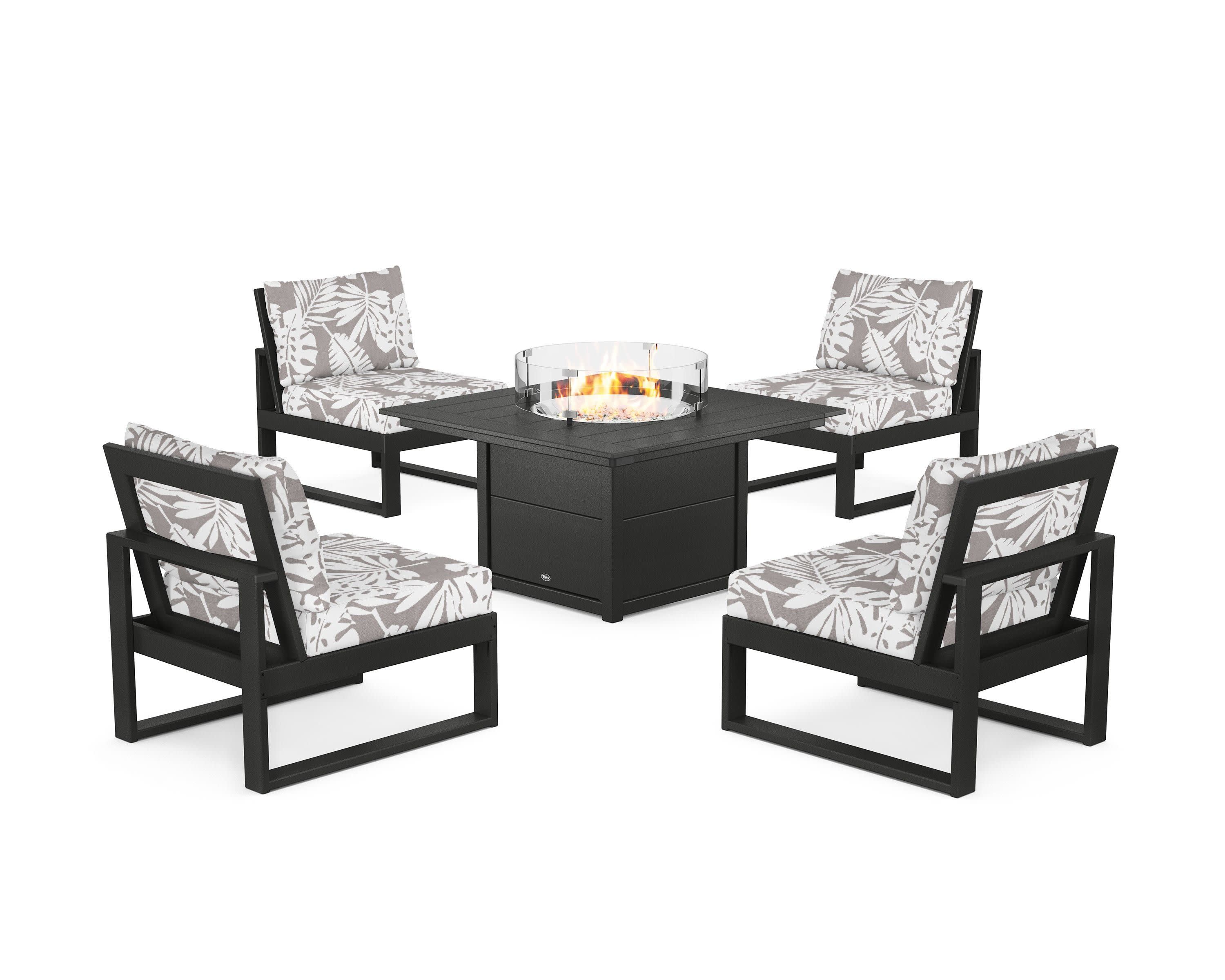Eastport Modular 5-Piece Deep Seating Set with Square Fire Pit Table in Charcoal Black / Leaf Grey Mist