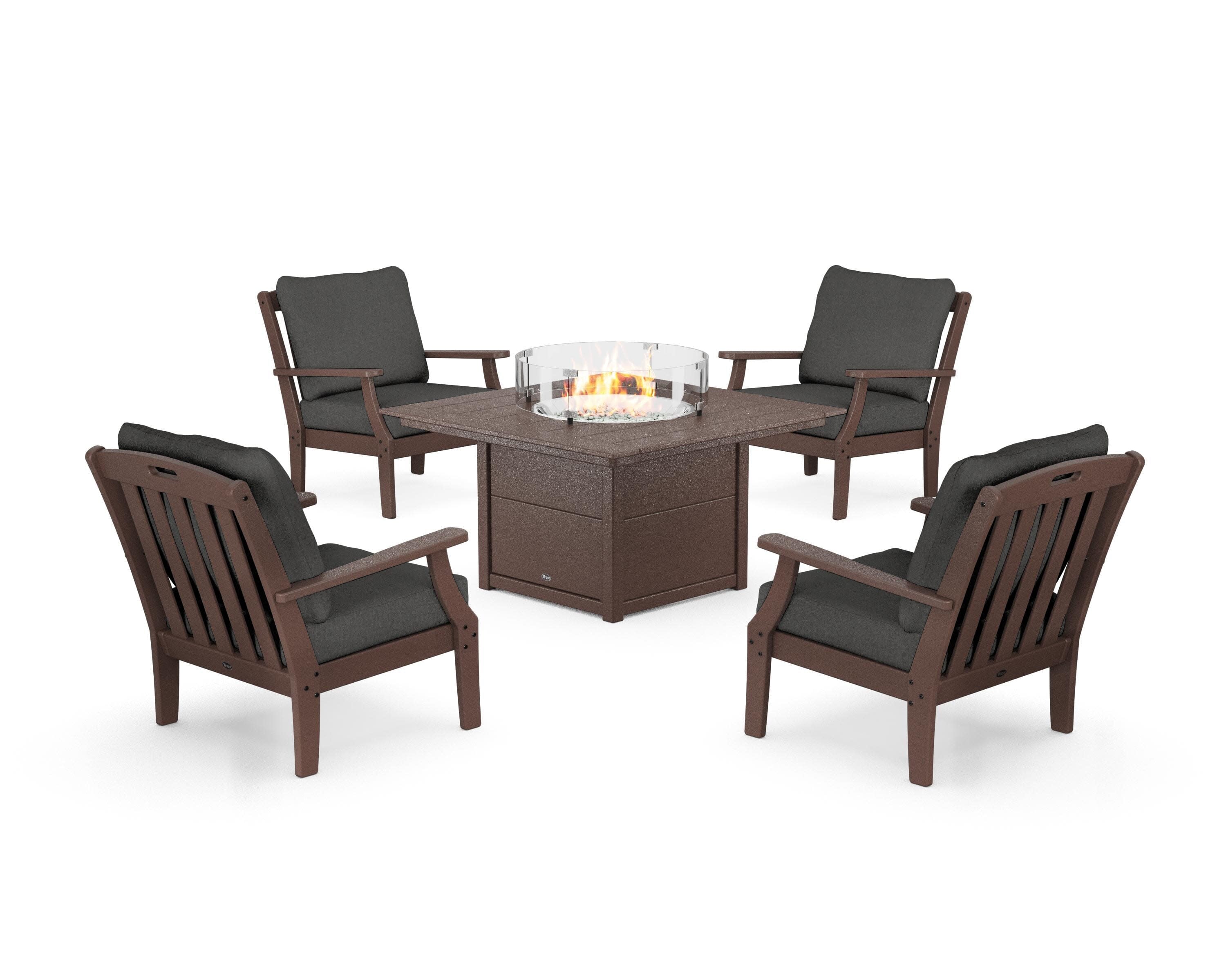 Yacht Club 5-Piece Deep Seating Set with Square Fire Pit Table in Vintage Lantern / Spectrum Carbon