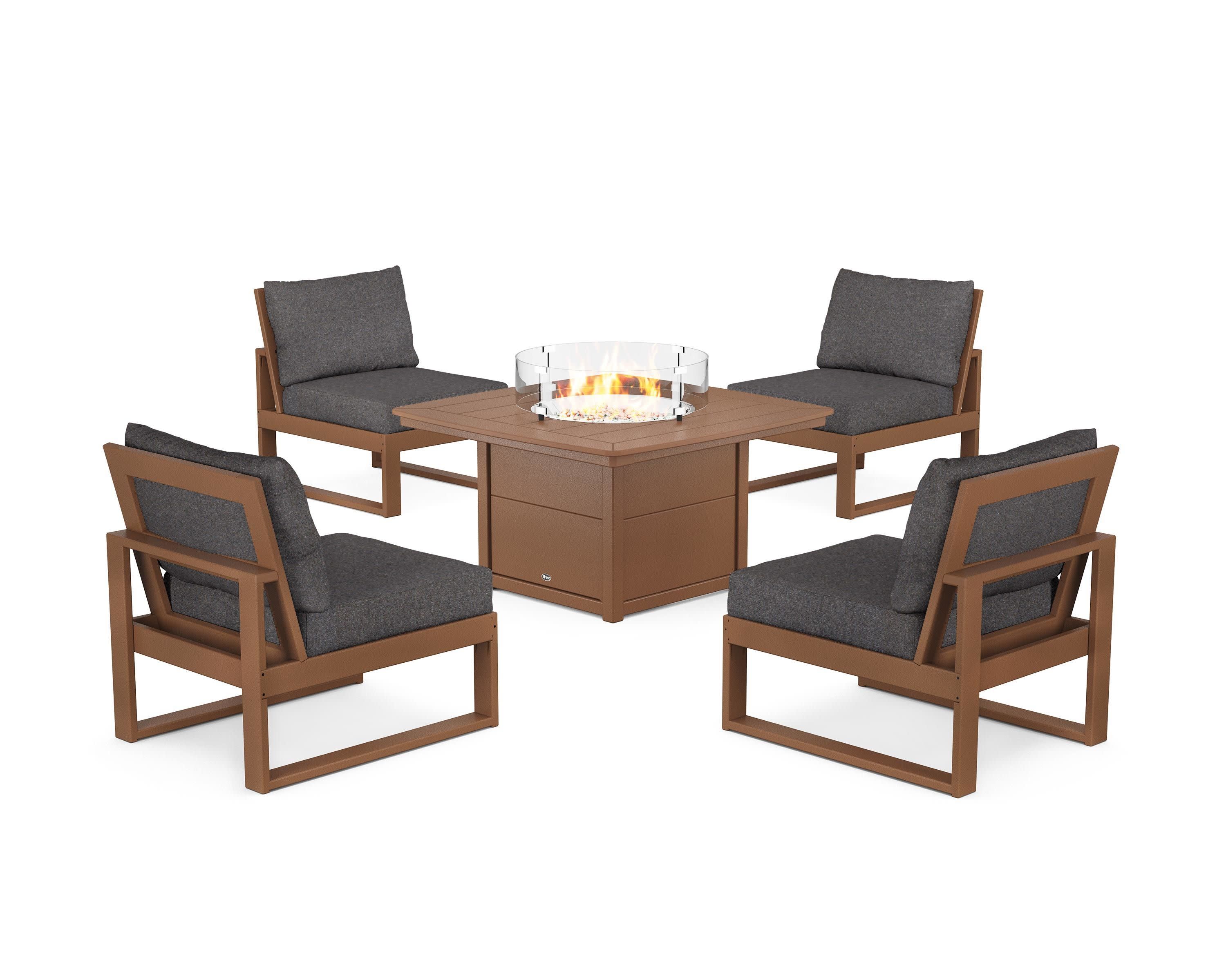 Eastport Modular 5-Piece Deep Seating Set with Yacht Club Fire Pit Table in Tree House / Ash Charcoal