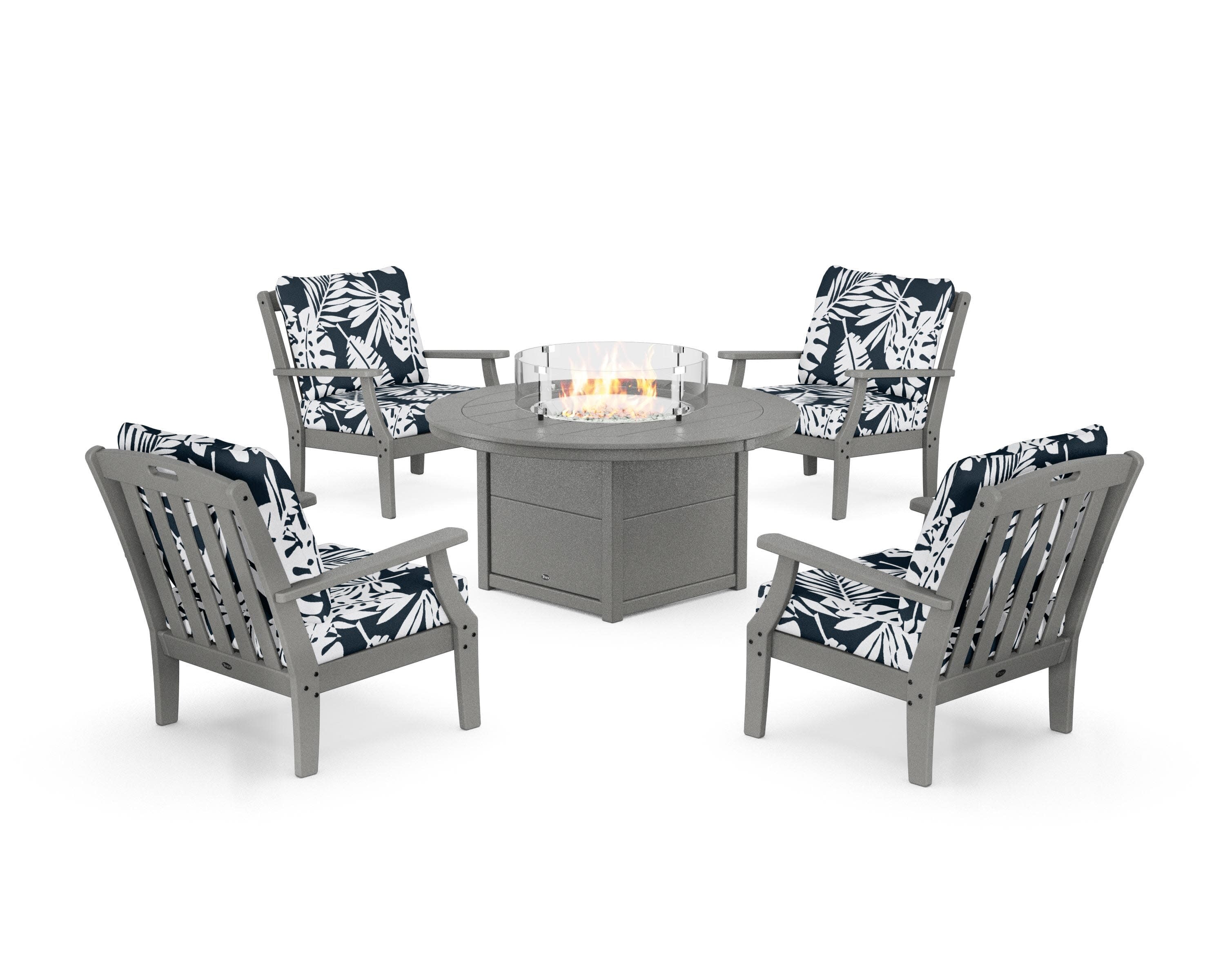 Yacht Club 5-Piece Deep Seating Set with Round Fire Pit Table in Stepping Stone / Leaf Marine Indigo