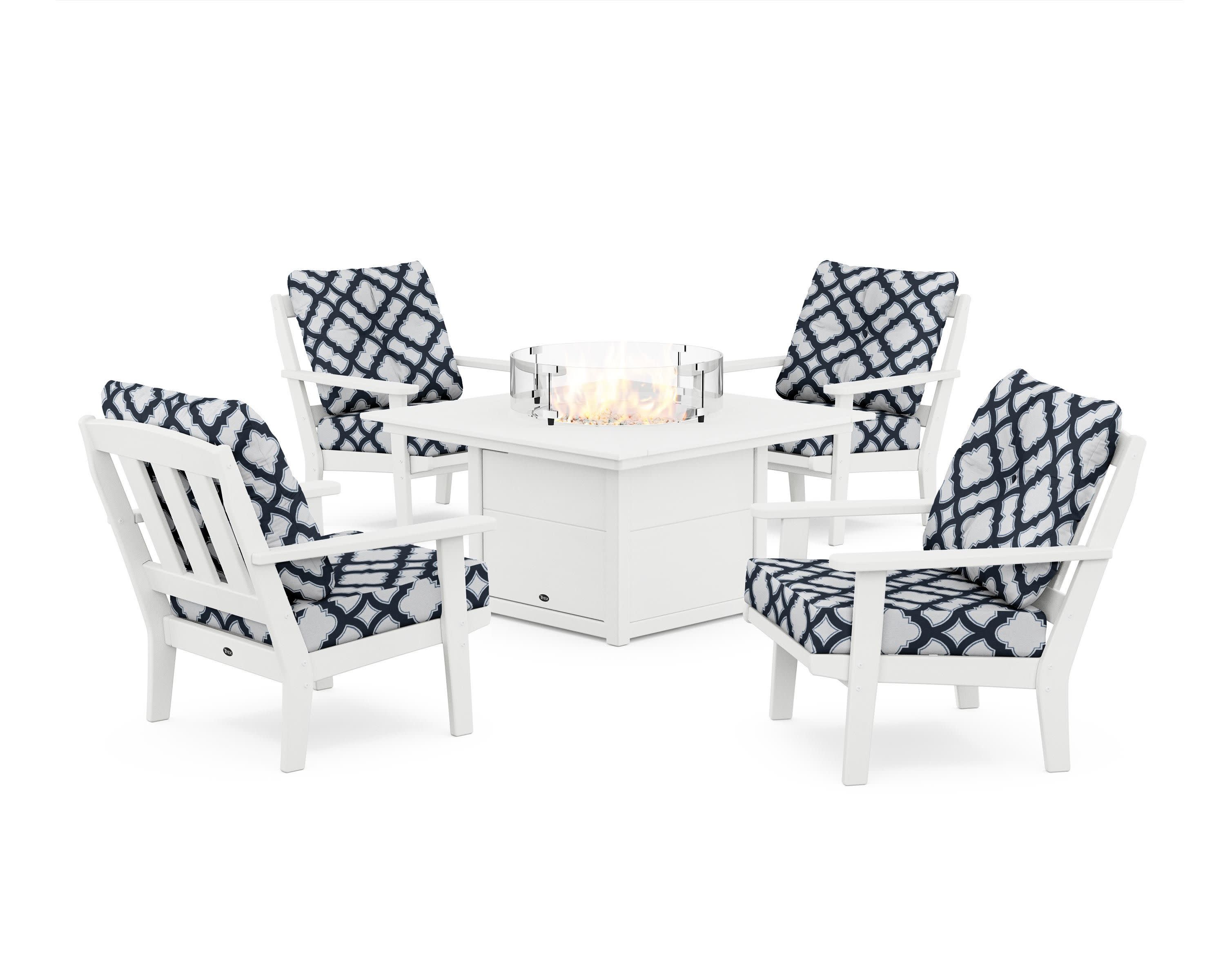 Cape Cod 5-Piece Deep Seating Set with Fire Pit Table in Classic White / Trellis Marine Indigo