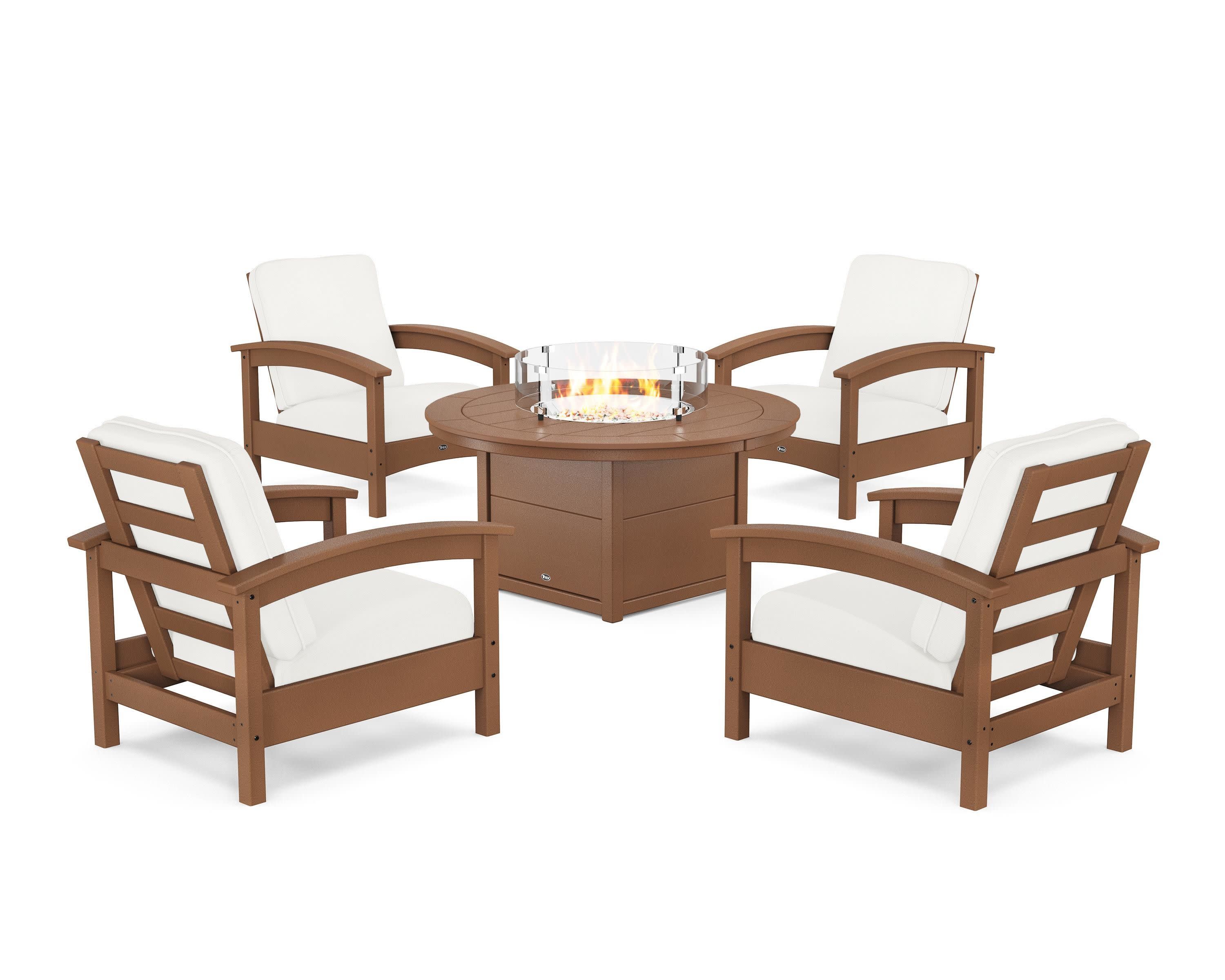 Rockport 5-Piece Deep Seating Set with Round Fire Pit Table in Tree House / Natural Linen