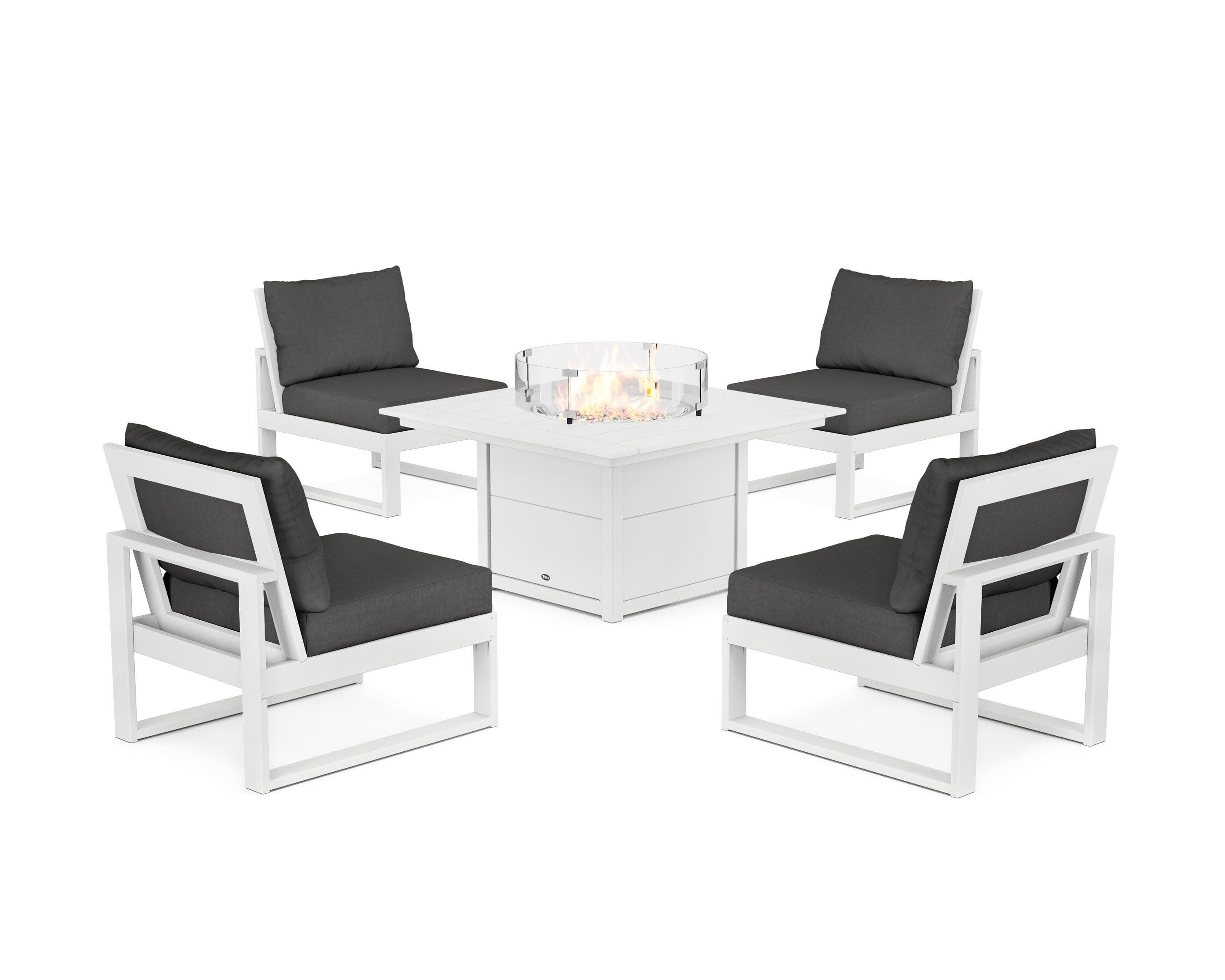 Eastport Modular 5-Piece Deep Seating Set with Square Fire Pit Table in Classic White / Spectrum Carbon