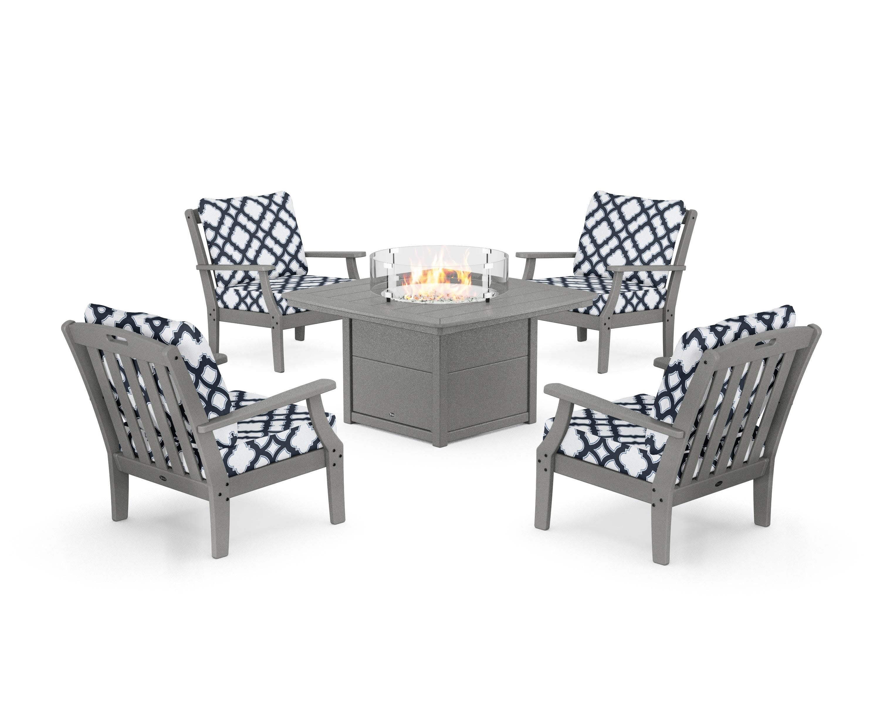 Yacht Club 5-Piece Deep Seating Set with Fire Pit Table in Stepping Stone / Trellis Marine Indigo