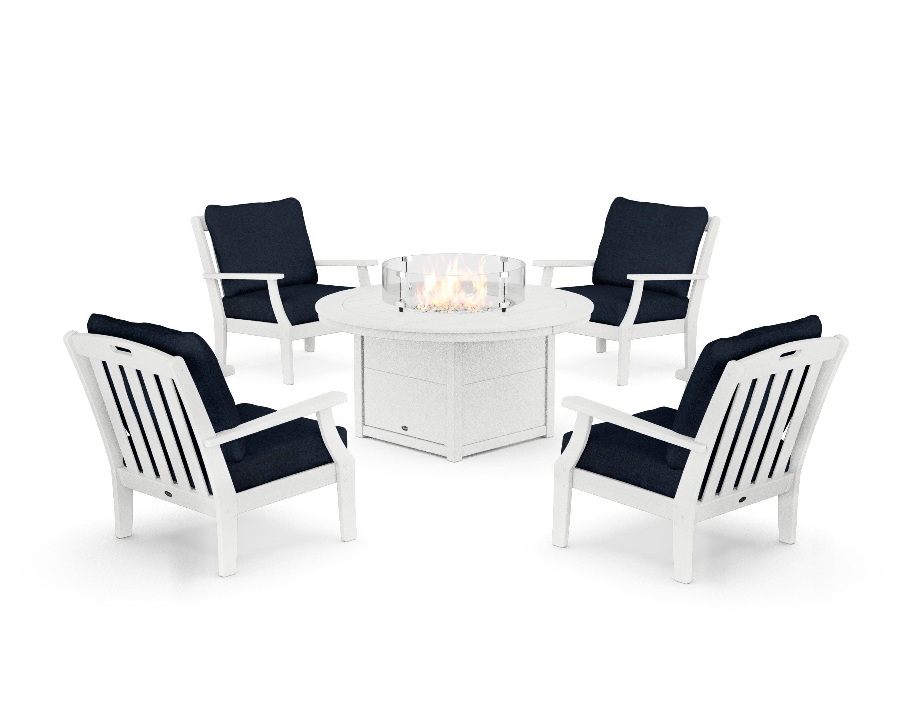 Yacht Club 5-Piece Deep Seating Set with Round Fire Pit Table in Classic White / Marine Indigo