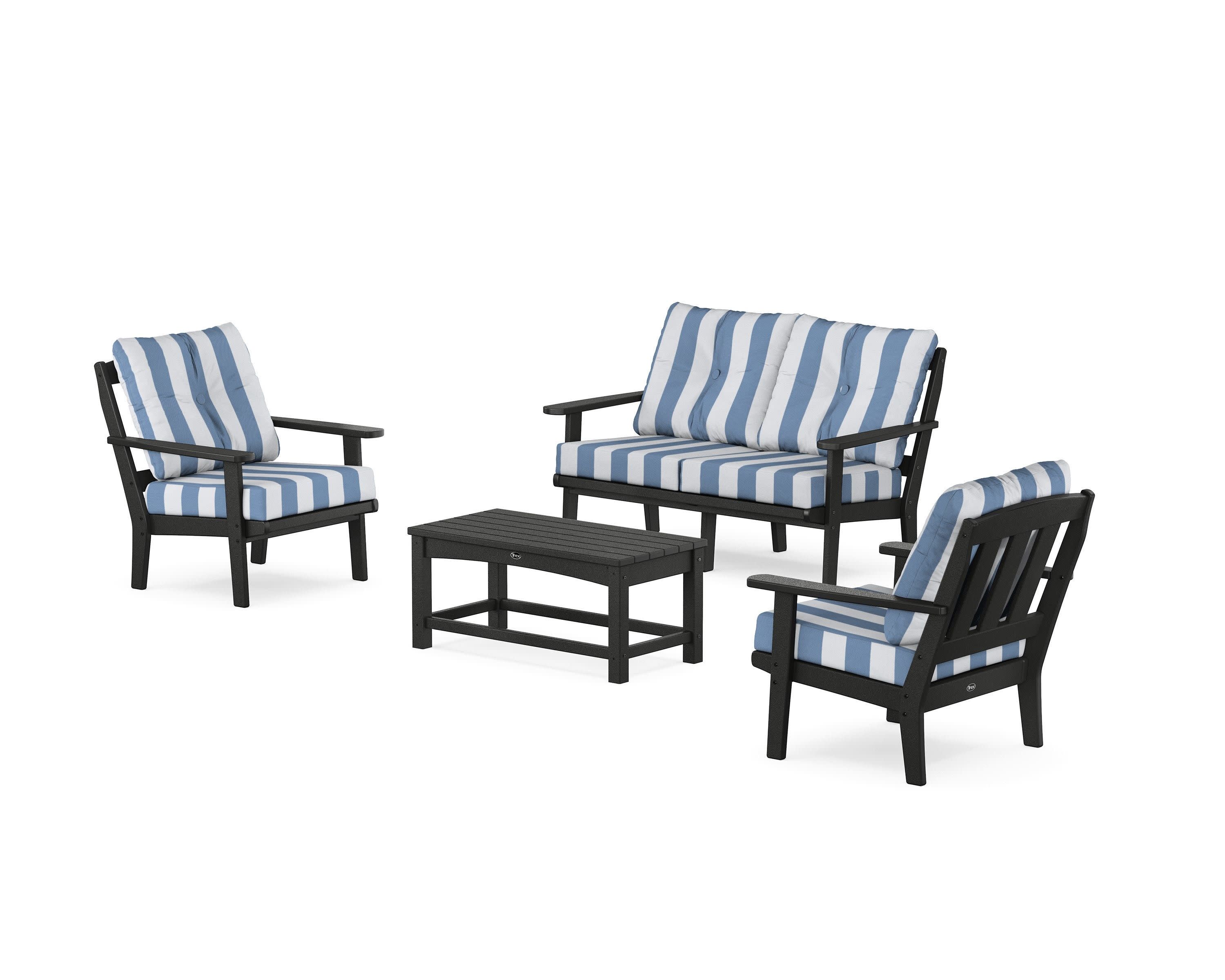 Cape Cod 4-Piece Deep Seating Set with Loveseat in Charcoal Black / Cabana Stripe Sky Blue