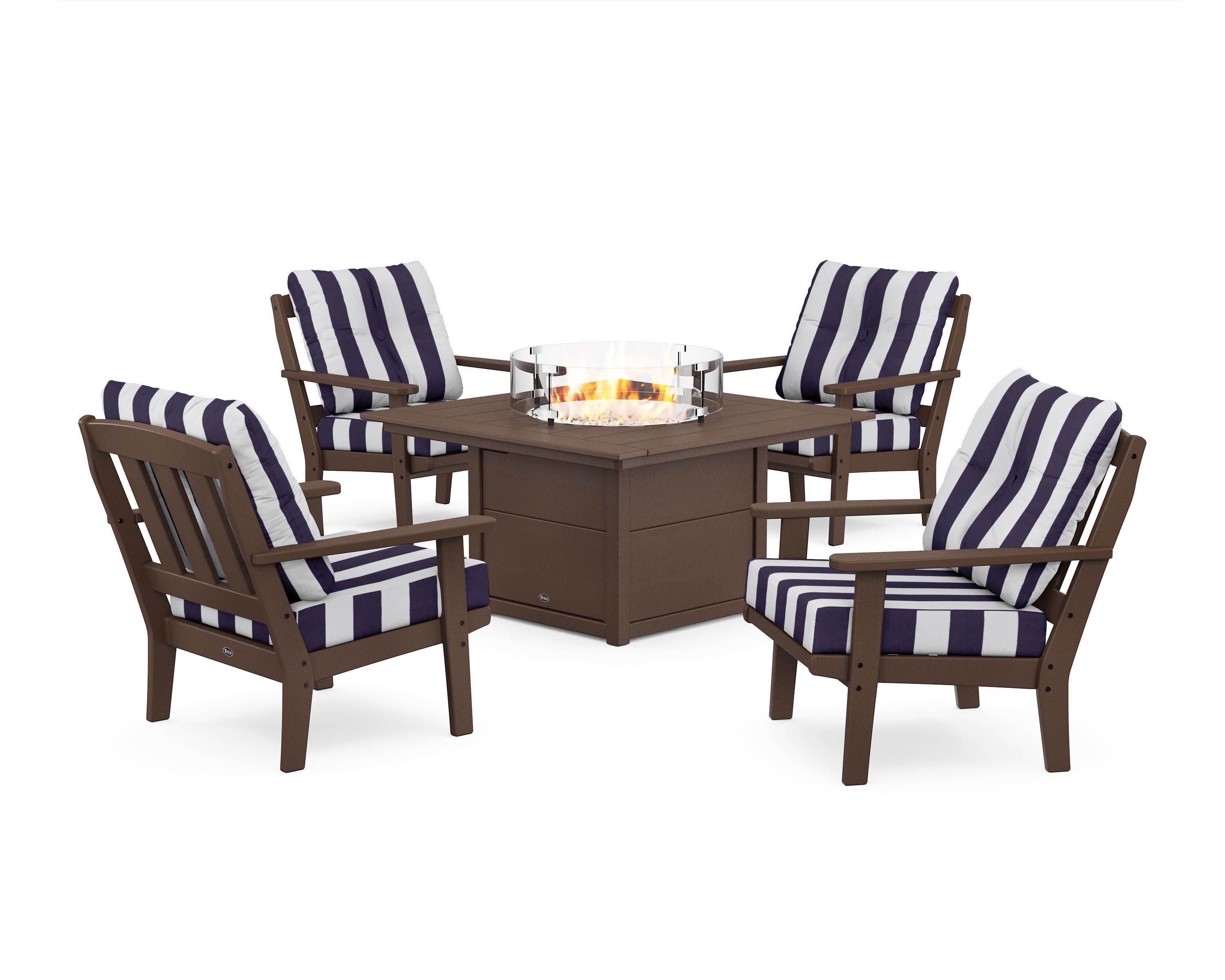 Cape Cod 5-Piece Deep Seating Set with Fire Pit Table in Vintage Lantern / Cabana Stripe Navy