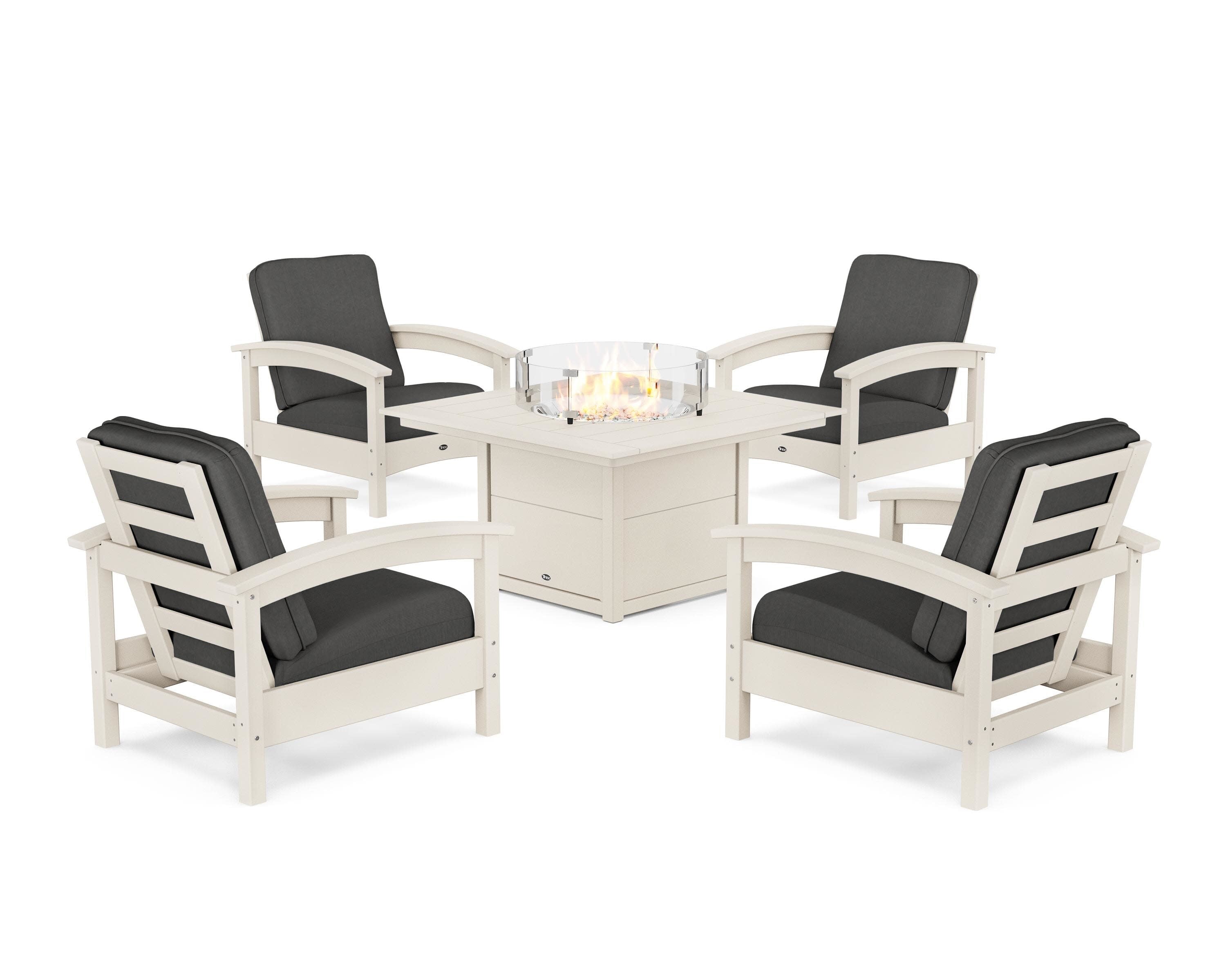 Rockport 5-Piece Deep Seating Set with Square Fire Pit Table in Sand Castle / Spectrum Carbon