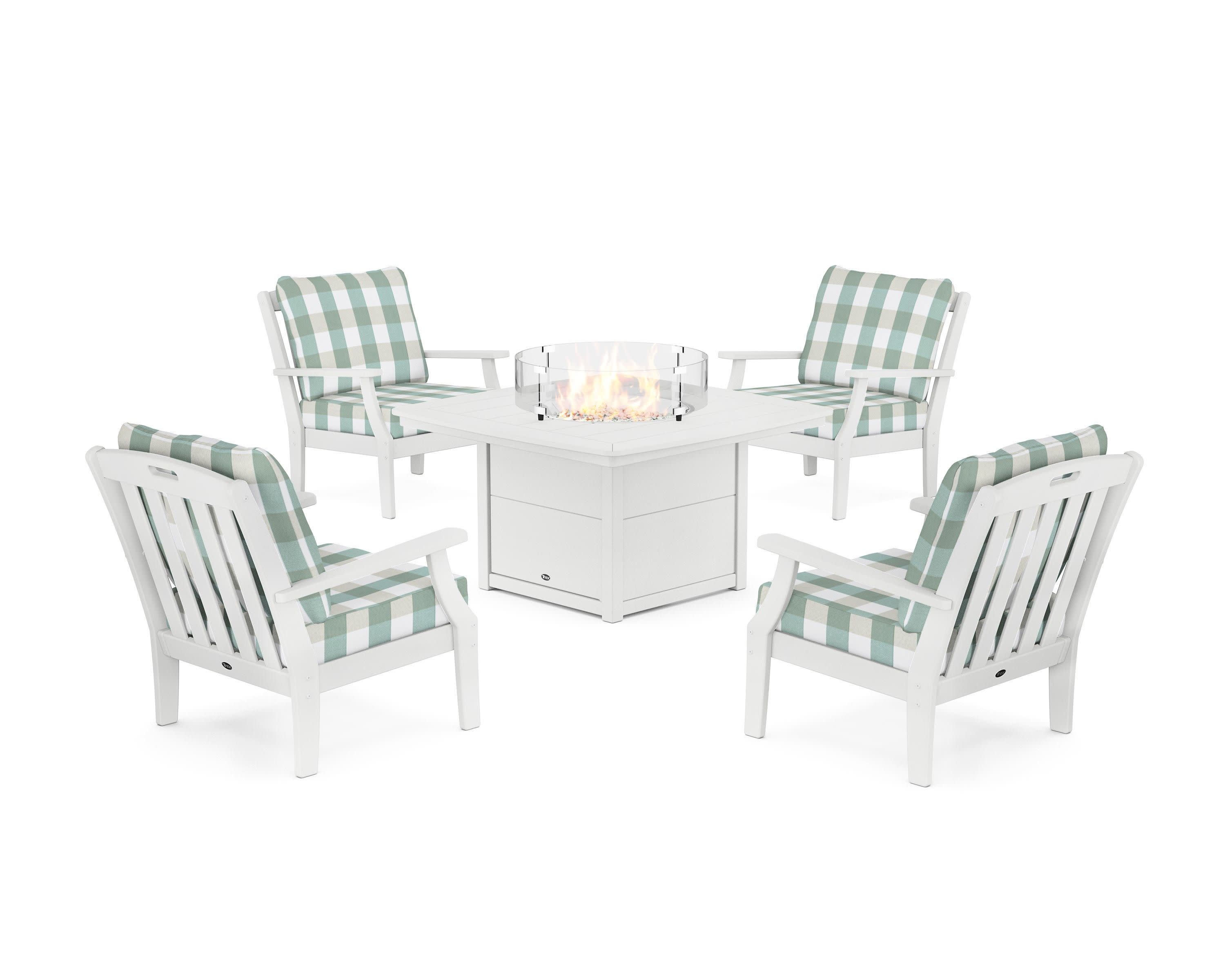 Yacht Club 5-Piece Deep Seating Set with Fire Pit Table in Classic White / Buffalo Plaid Glacier Spa