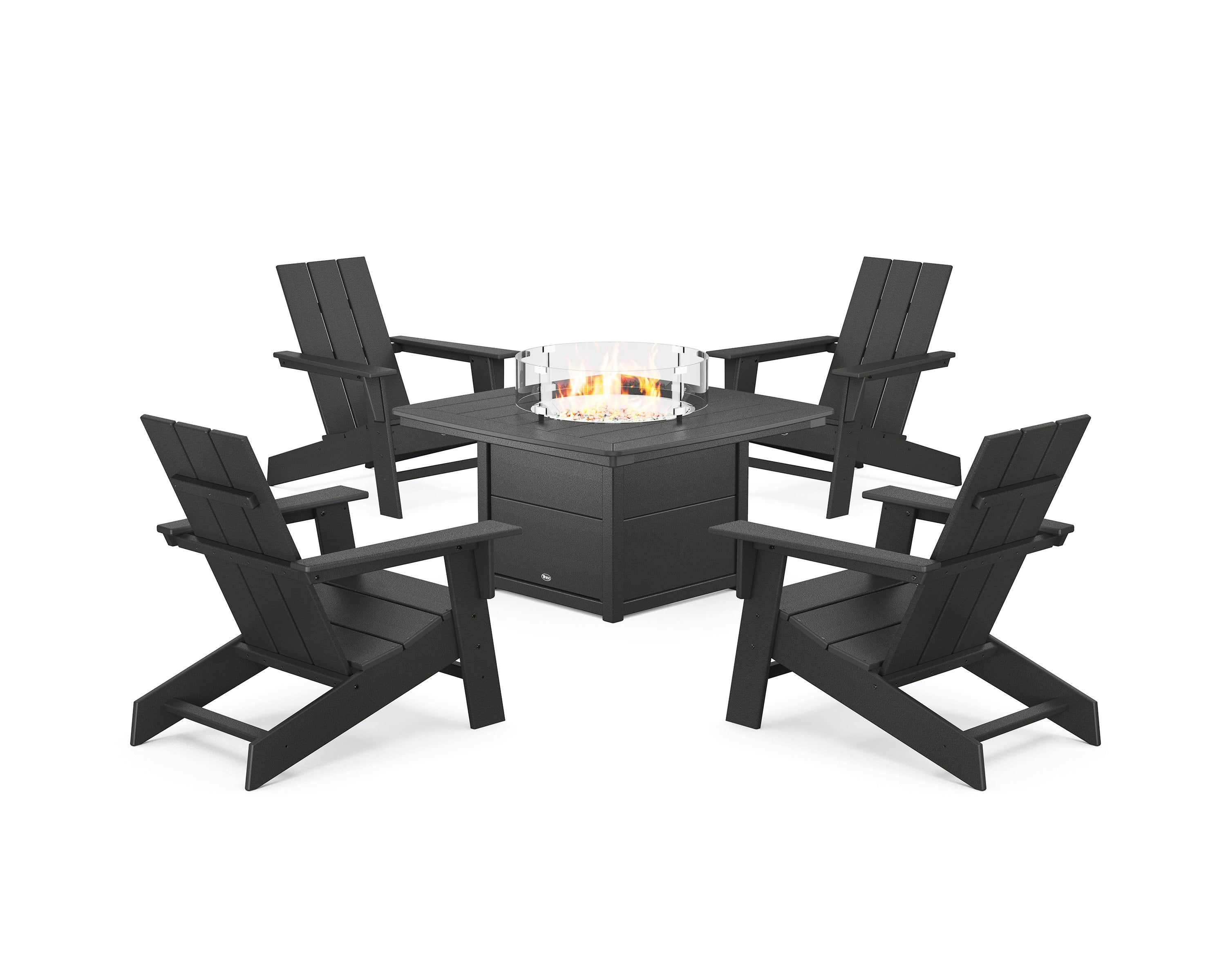Eastport Modern Adirondack 5-Piece Set with Yacht Club Fire Pit Table in Charcoal Black