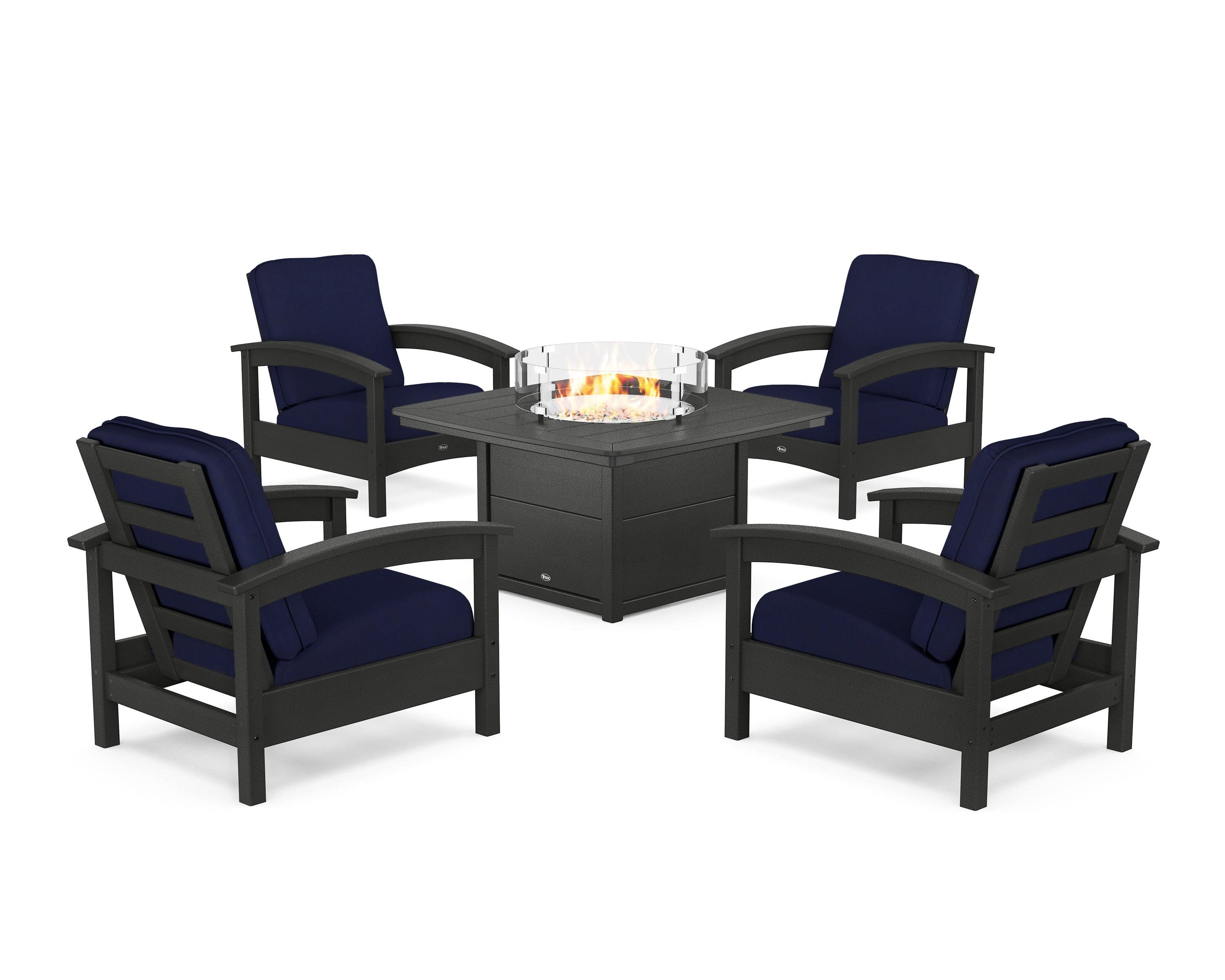 Rockport 5-Piece Deep Seating Set with Yacht Club Fire Pit Table in Charcoal Black / Navy