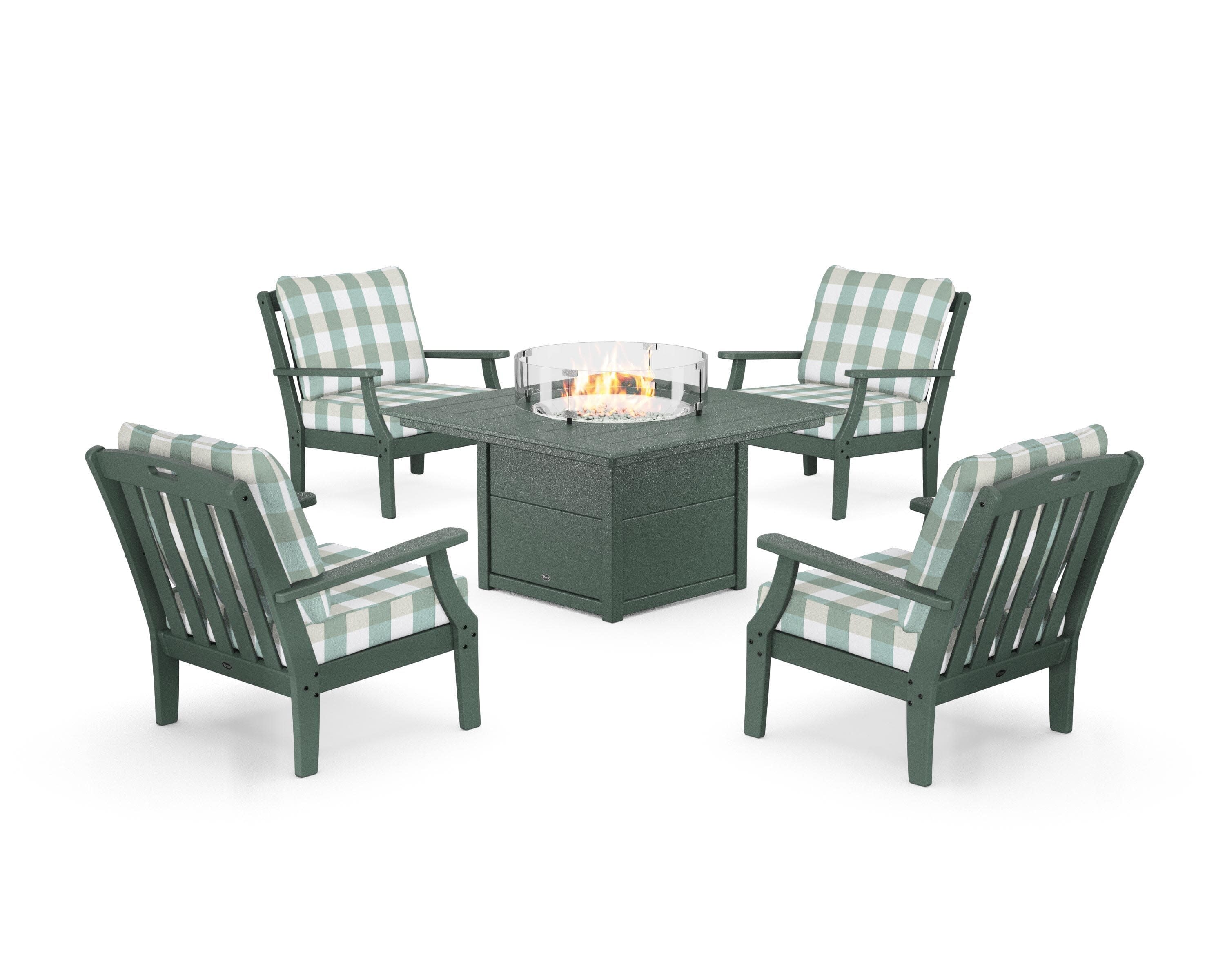 Yacht Club 5-Piece Deep Seating Set with Square Fire Pit Table in Rainforest Canopy / Buffalo Plaid Glacier Spa