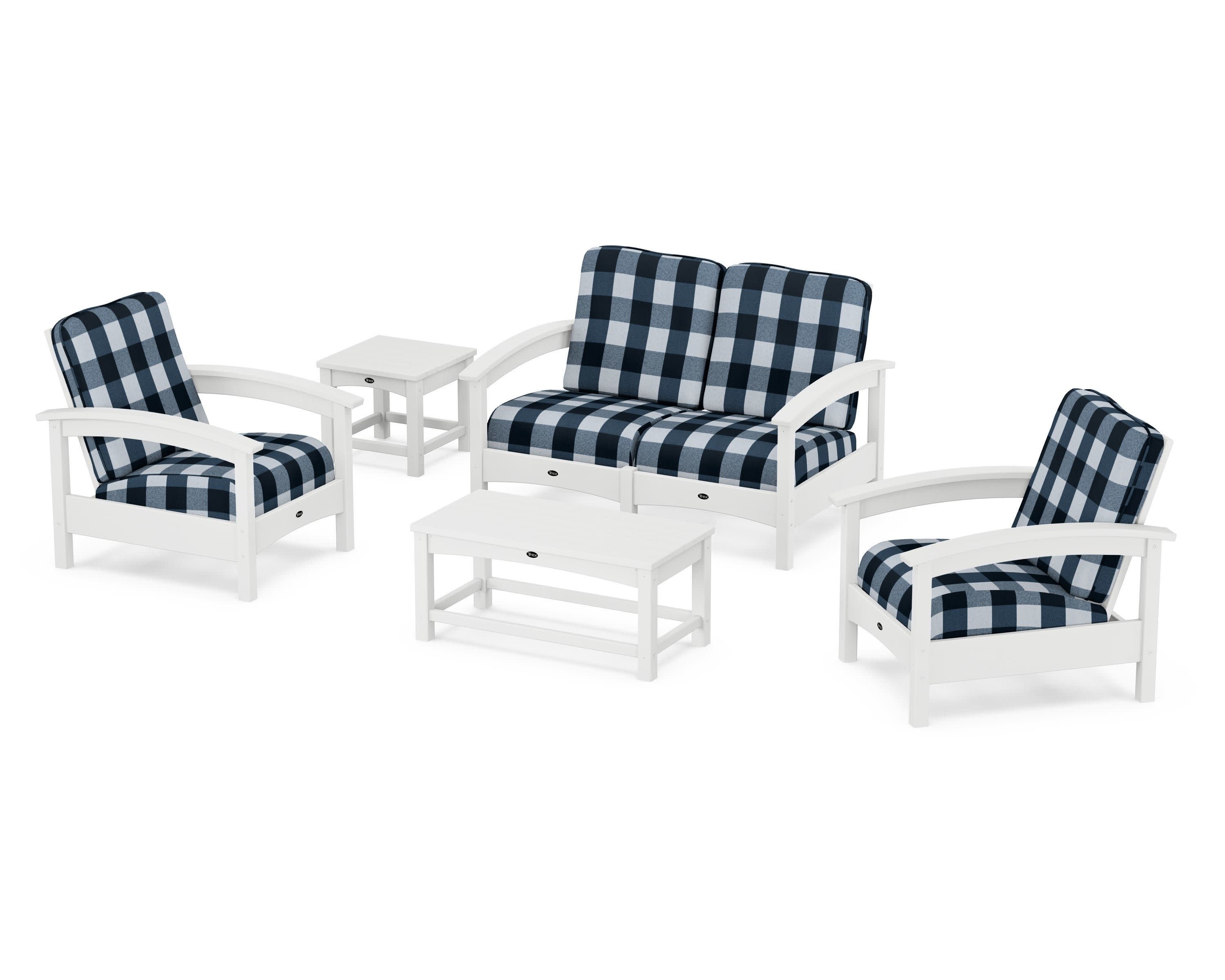 Rockport Club 6-Piece Deep Seating Conversation Set in Classic White / Buffalo Plaid Marine Indigo