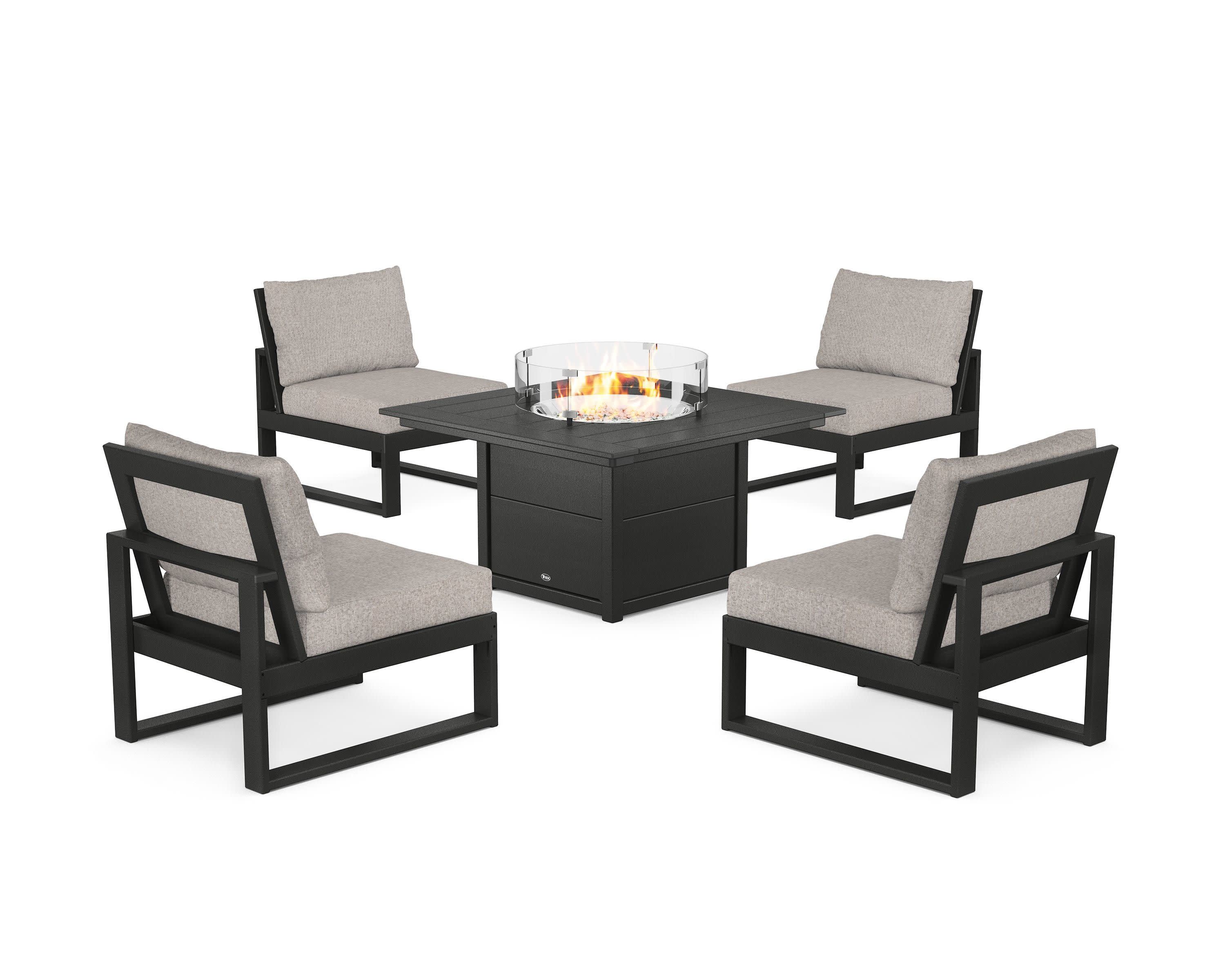 Eastport Modular 5-Piece Deep Seating Set with Square Fire Pit Table in Charcoal Black / Weathered Tweed