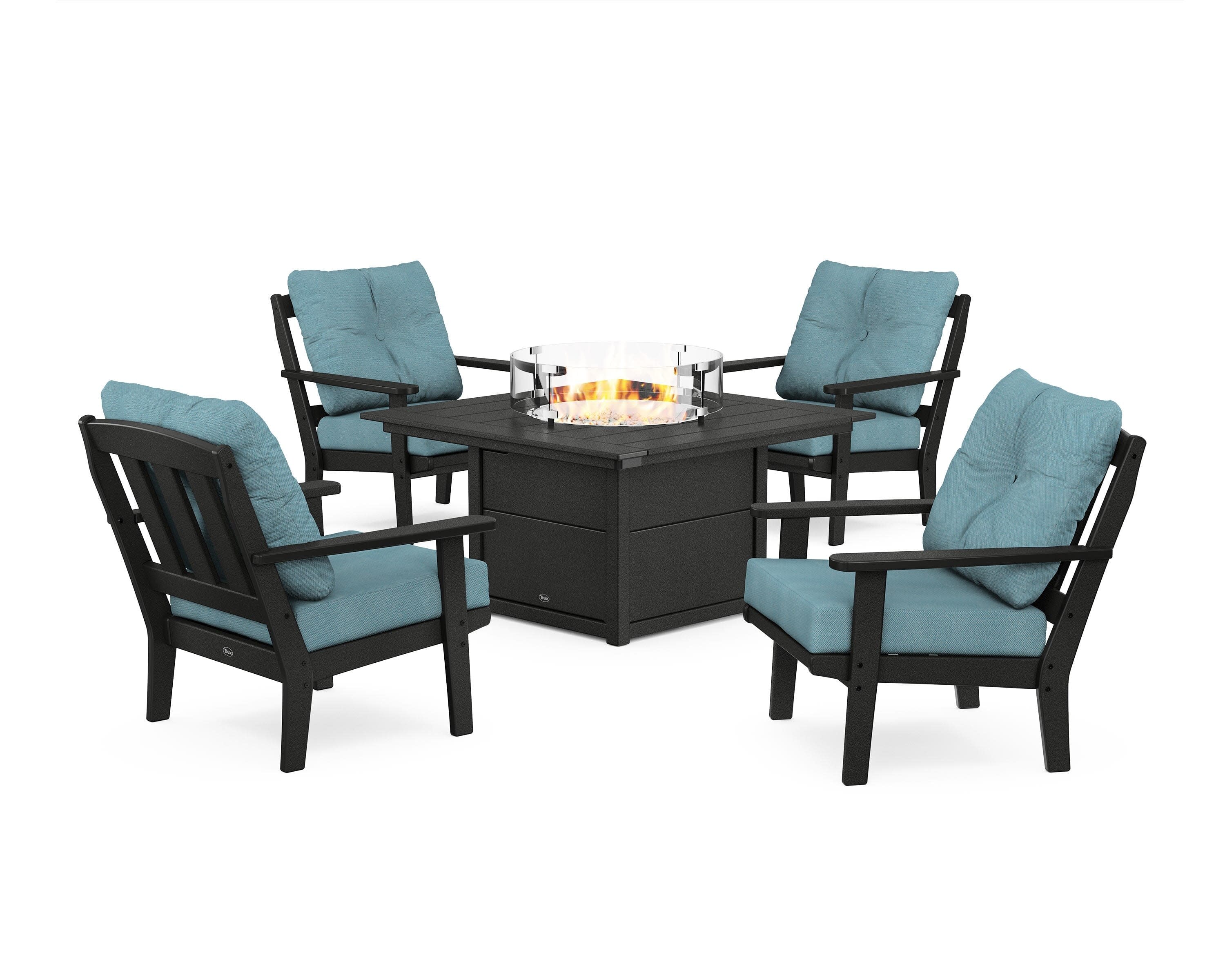 Cape Cod 5-Piece Deep Seating Set with Fire Pit Table in Charcoal Black / Lattice Sky Blue