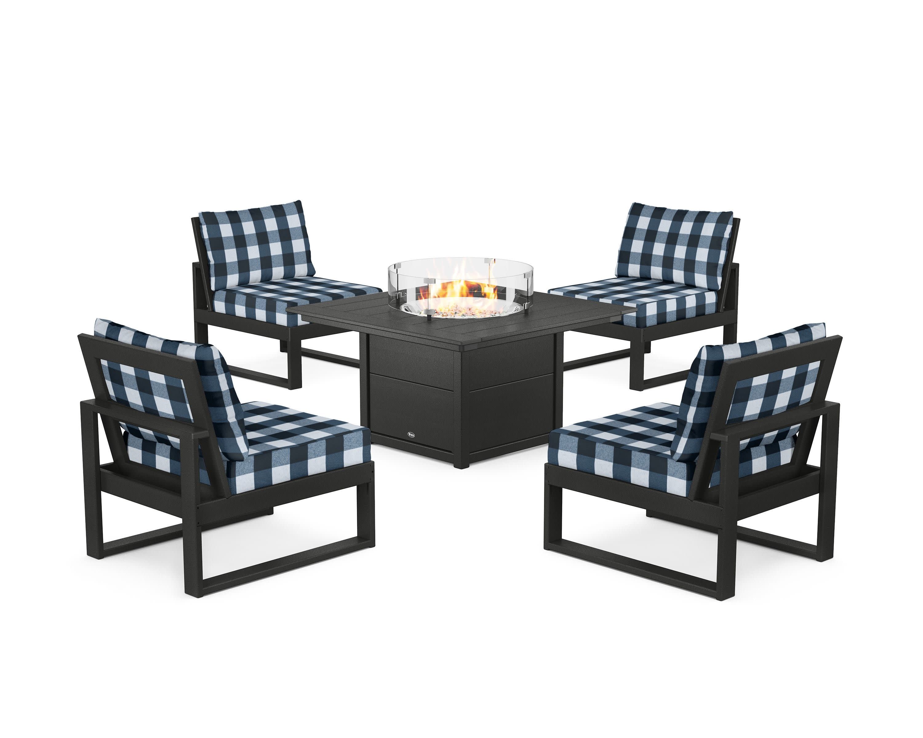 Eastport Modular 5-Piece Deep Seating Set with Square Fire Pit Table in Charcoal Black / Buffalo Plaid Marine Indigo