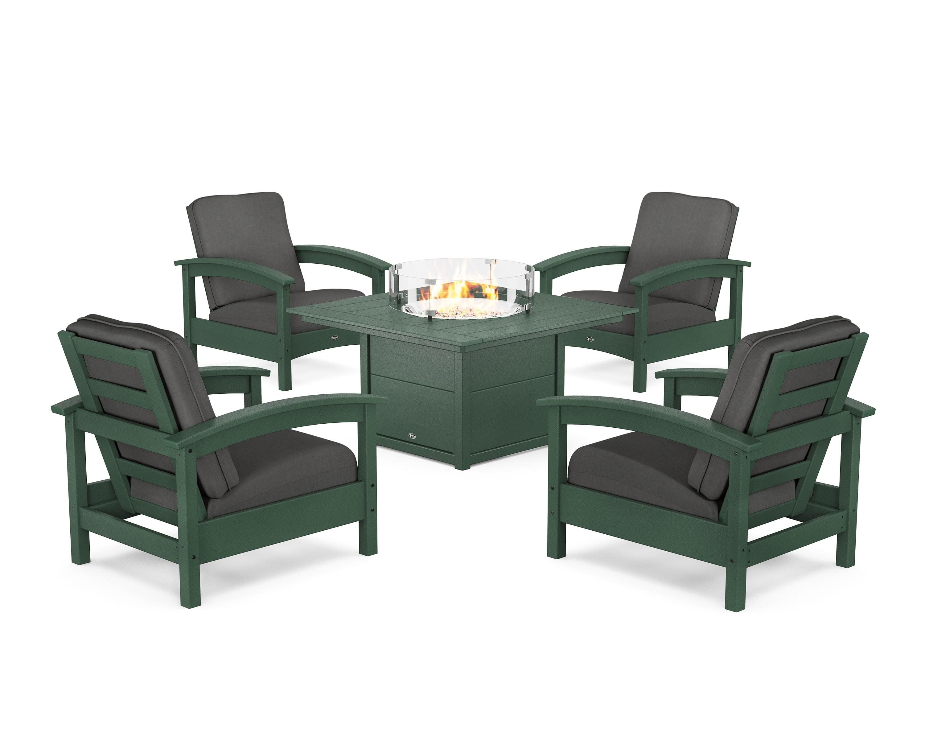 Rockport 5-Piece Deep Seating Set with Square Fire Pit Table in Rainforest Canopy / Spectrum Carbon