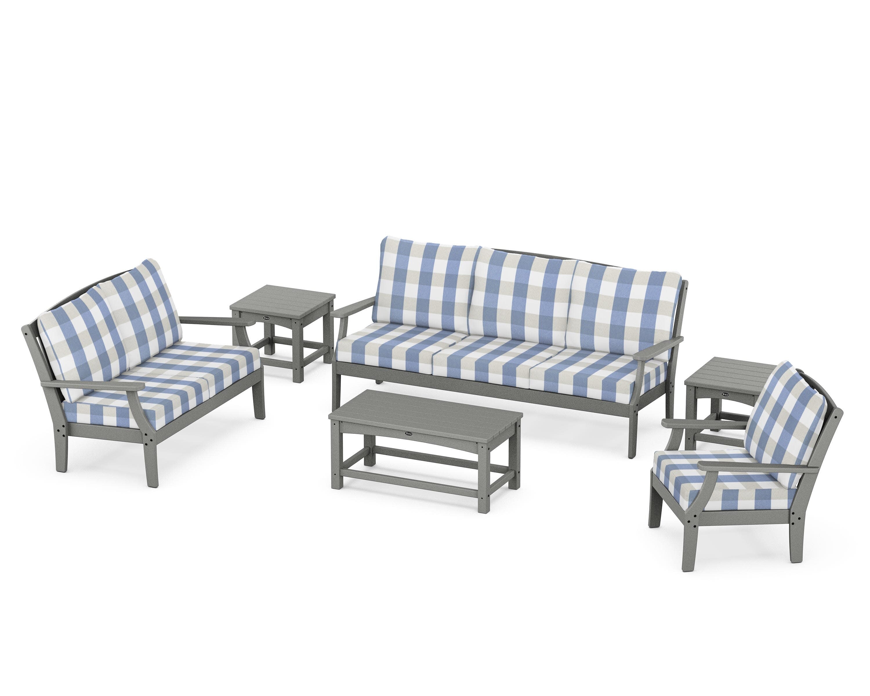Yacht Club 6-Piece Deep Seating Set in Stepping Stone / Buffalo Plaid Sky Blue